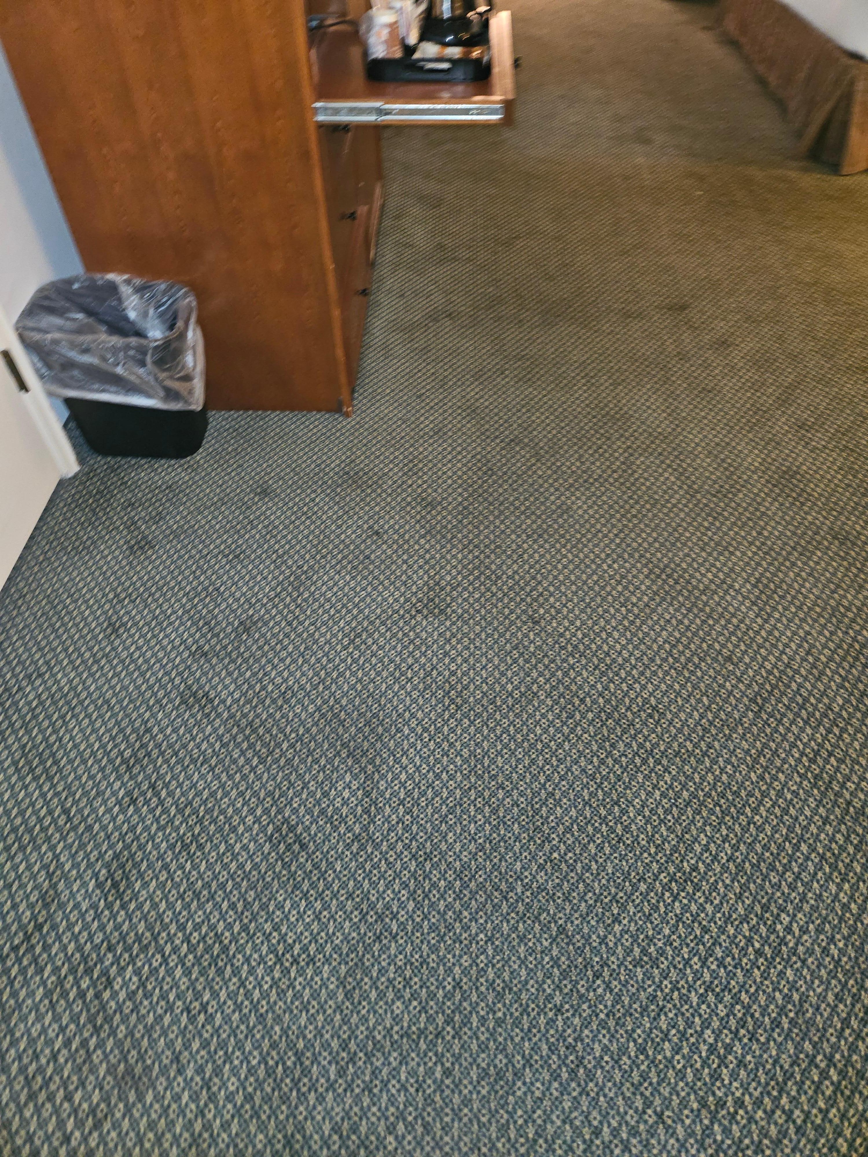 Stained carpet throughout thr room.