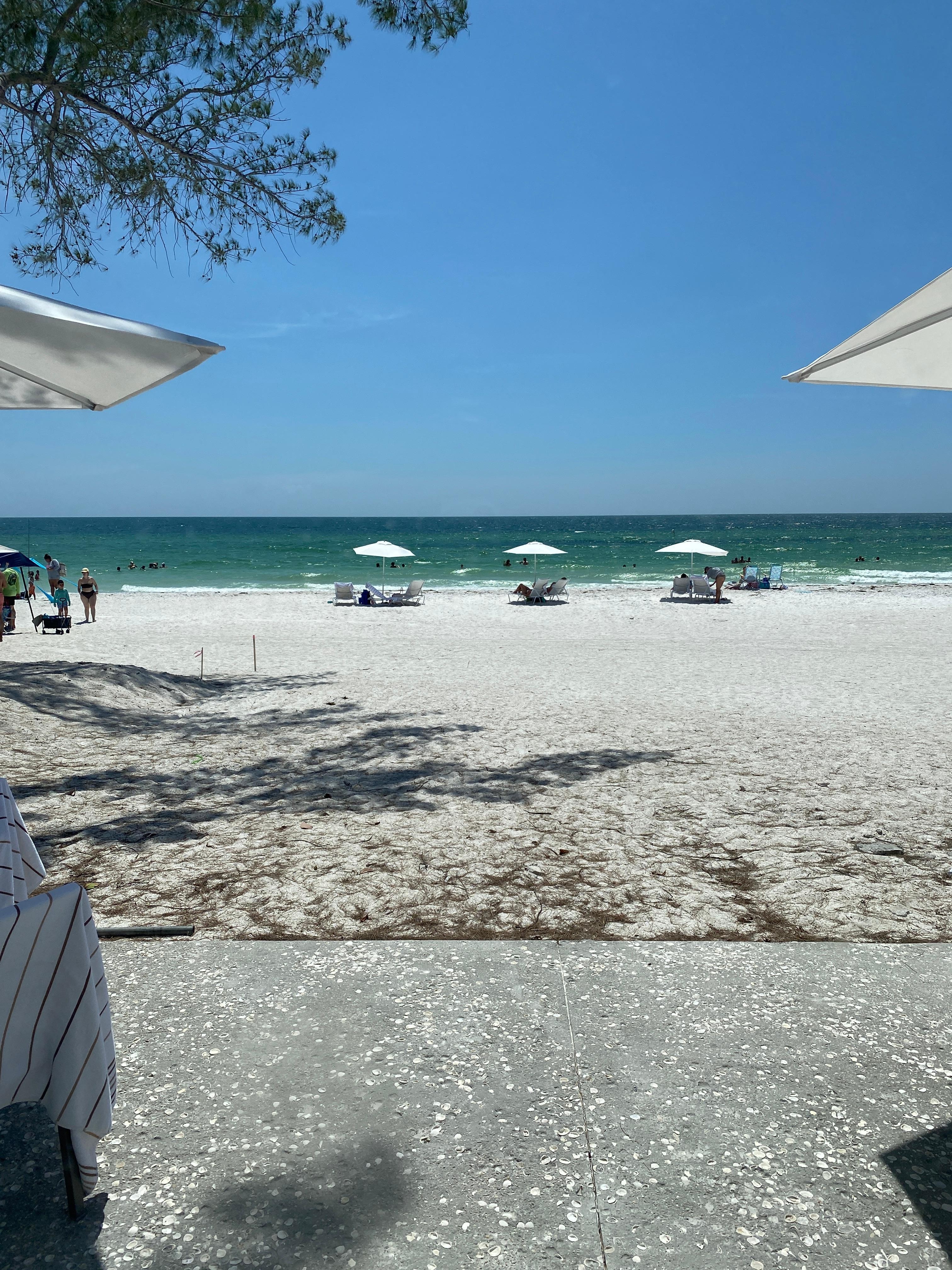 Steps to your included umbrella and chairs