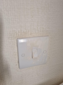A beautiful stained wall that is offset by the painted and filthy light switch
