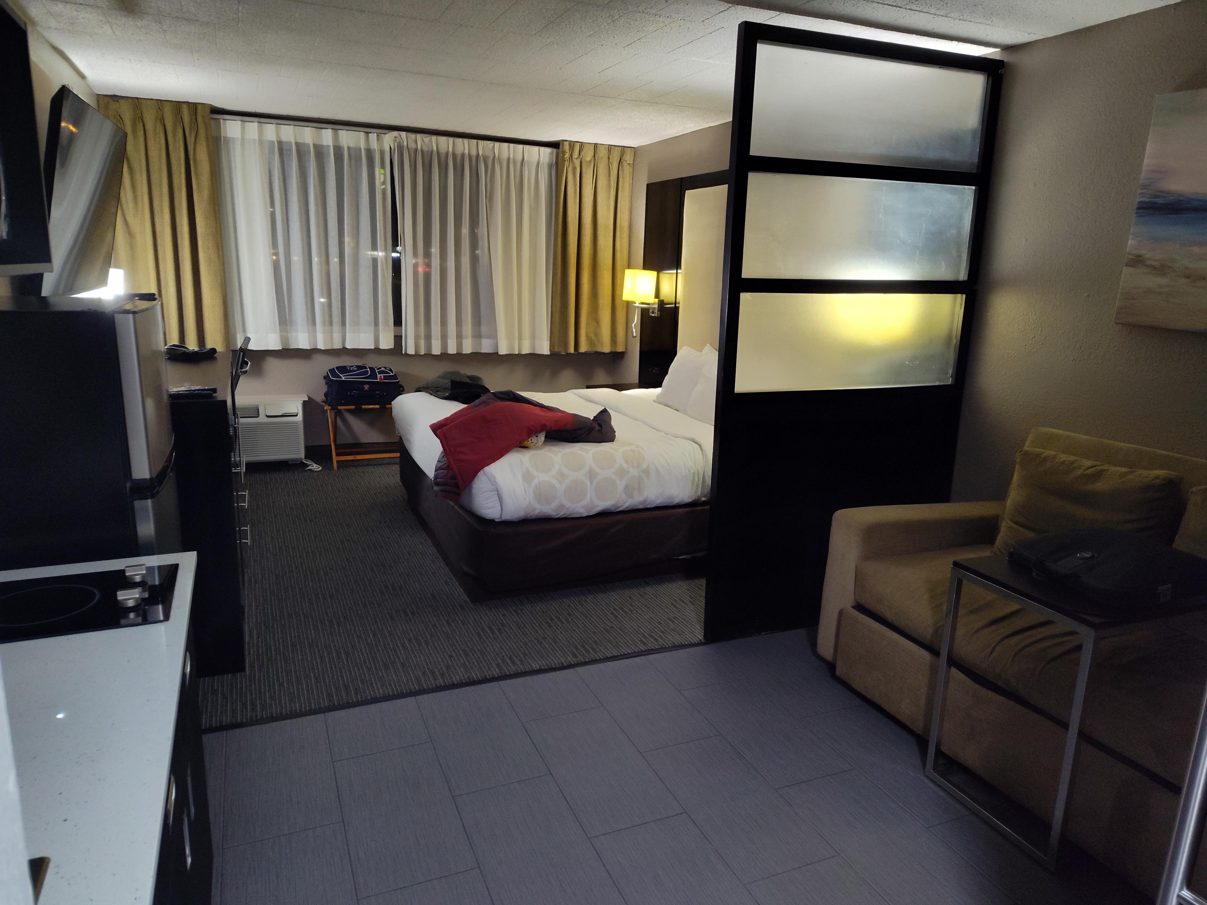 Looking in from the doorway.