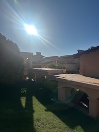 Sunrise from our balcony .