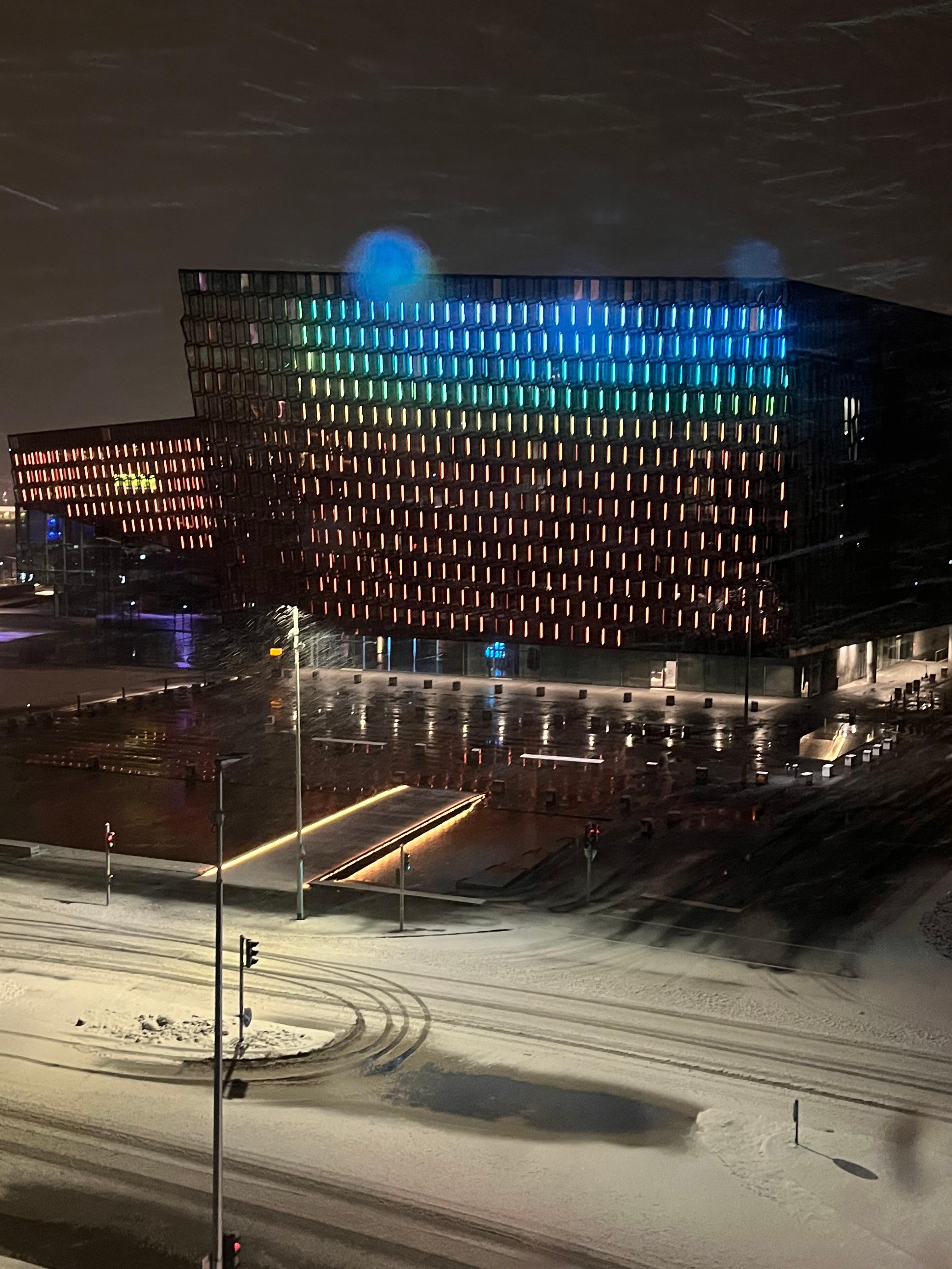 View of the ever-changing lights on the Harpa 