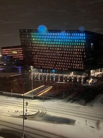 View of the ever-changing lights on the Harpa