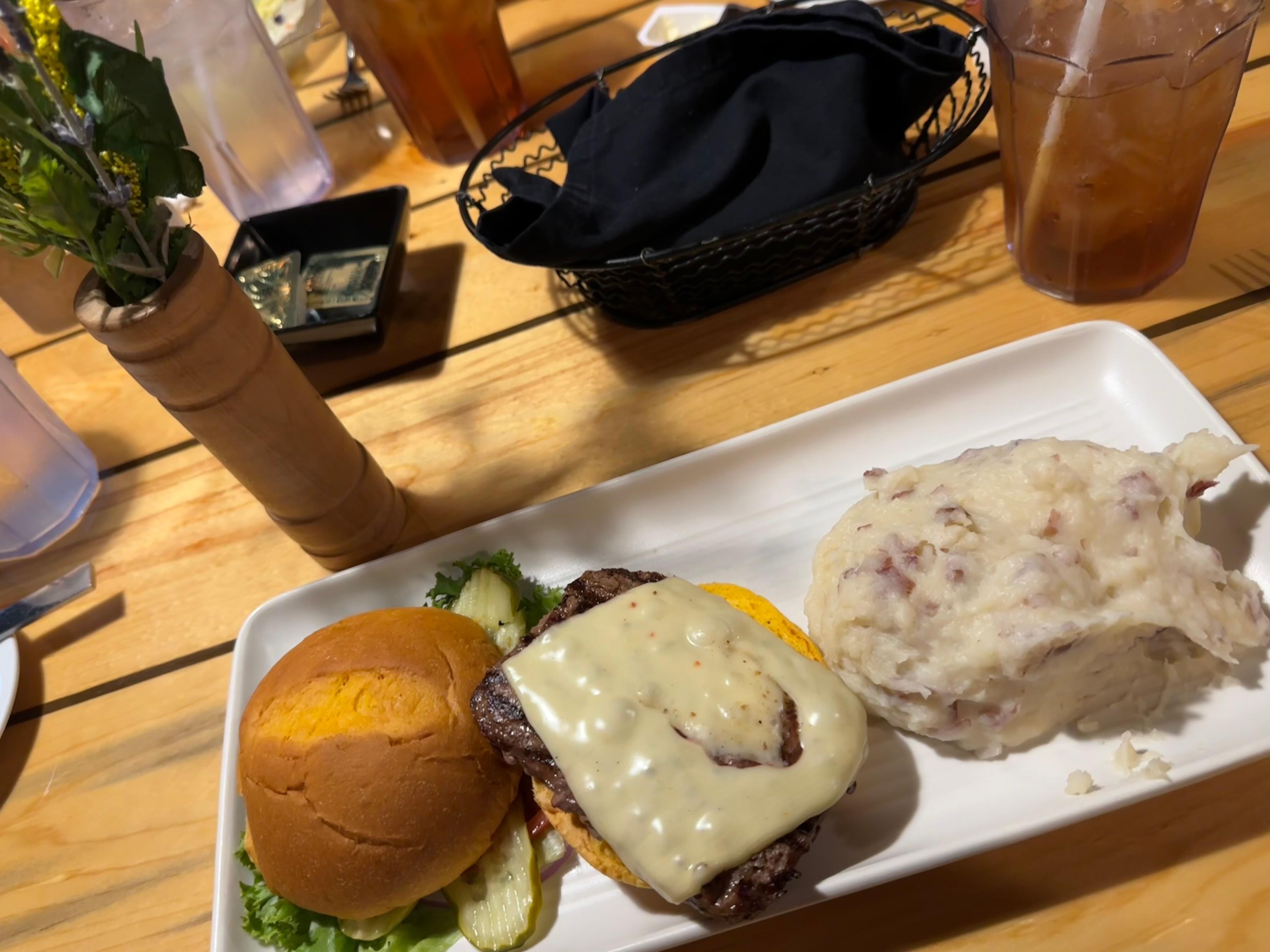 Bison Burger with Pepper Jack and Mashed Potatoes