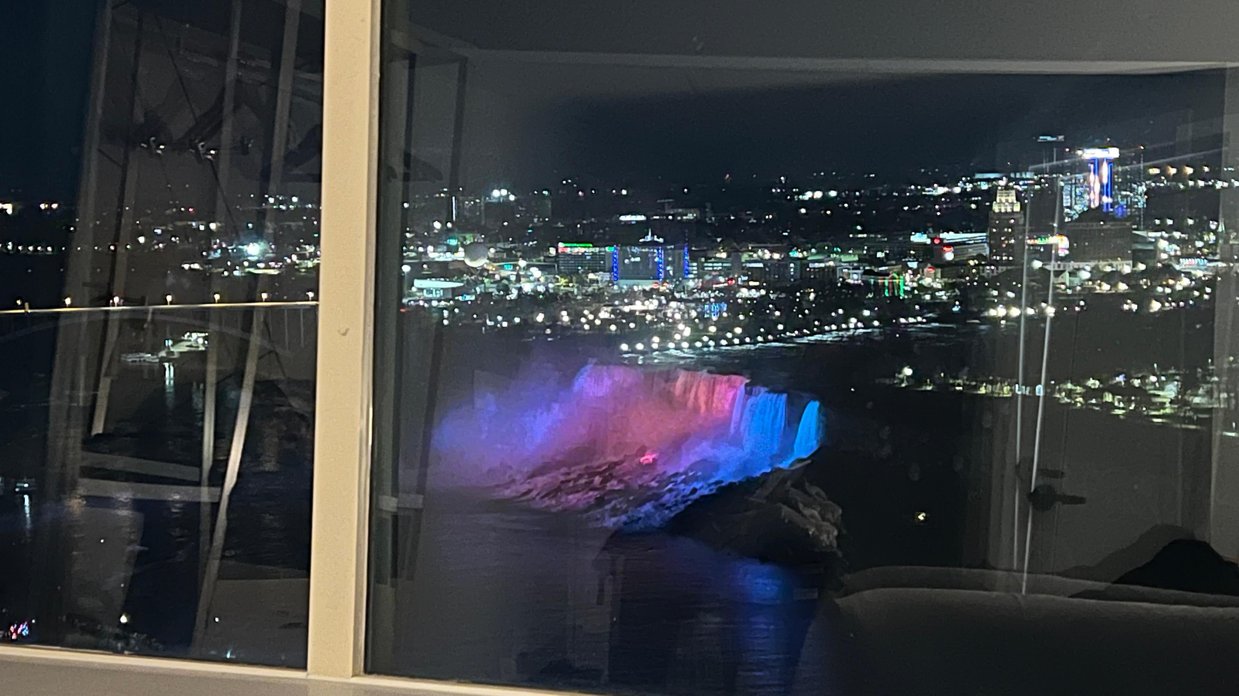 View of lit up falls from the room
