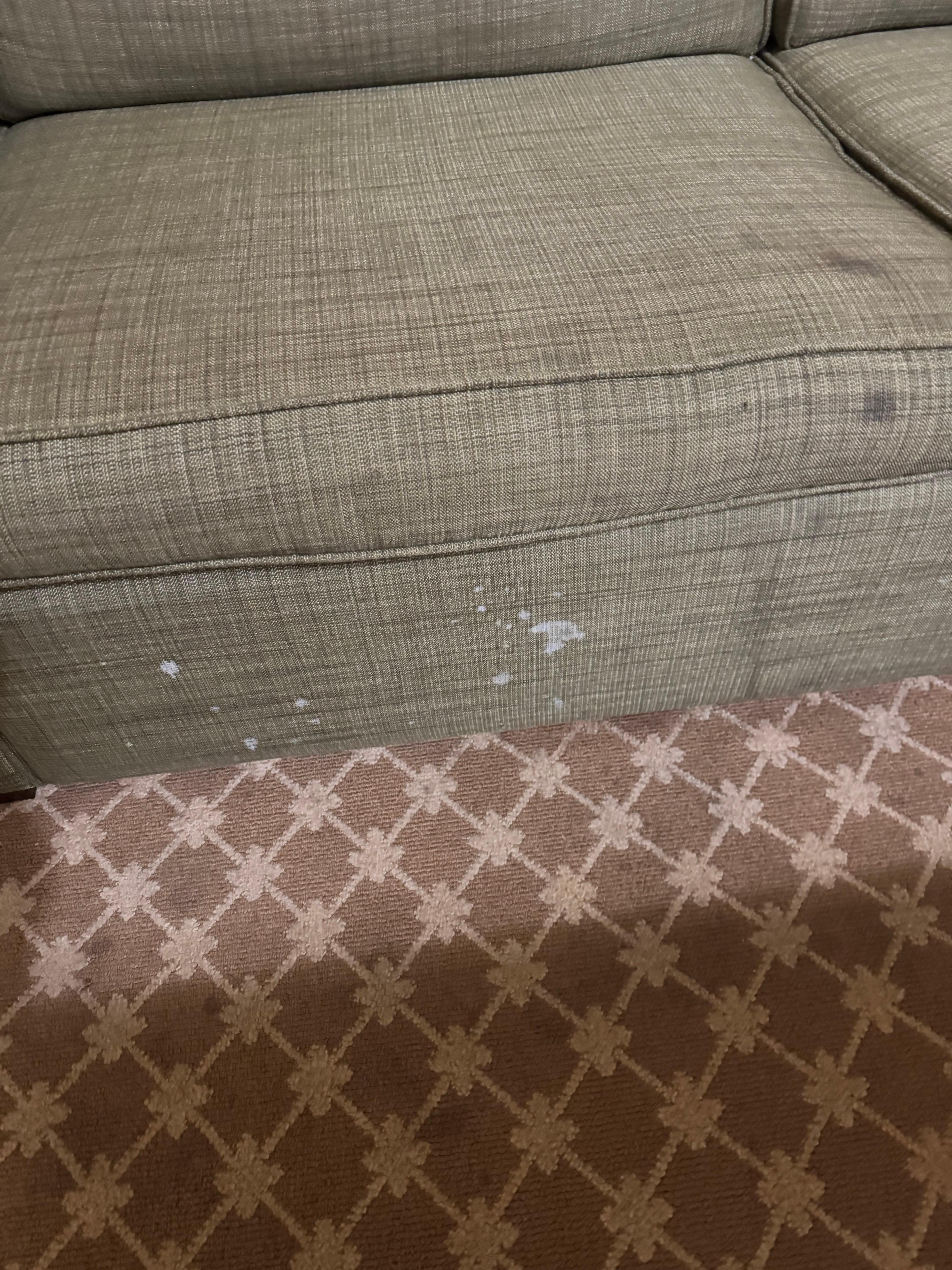 One of the many chairs and the floor in the pool area with this unknown matter on it