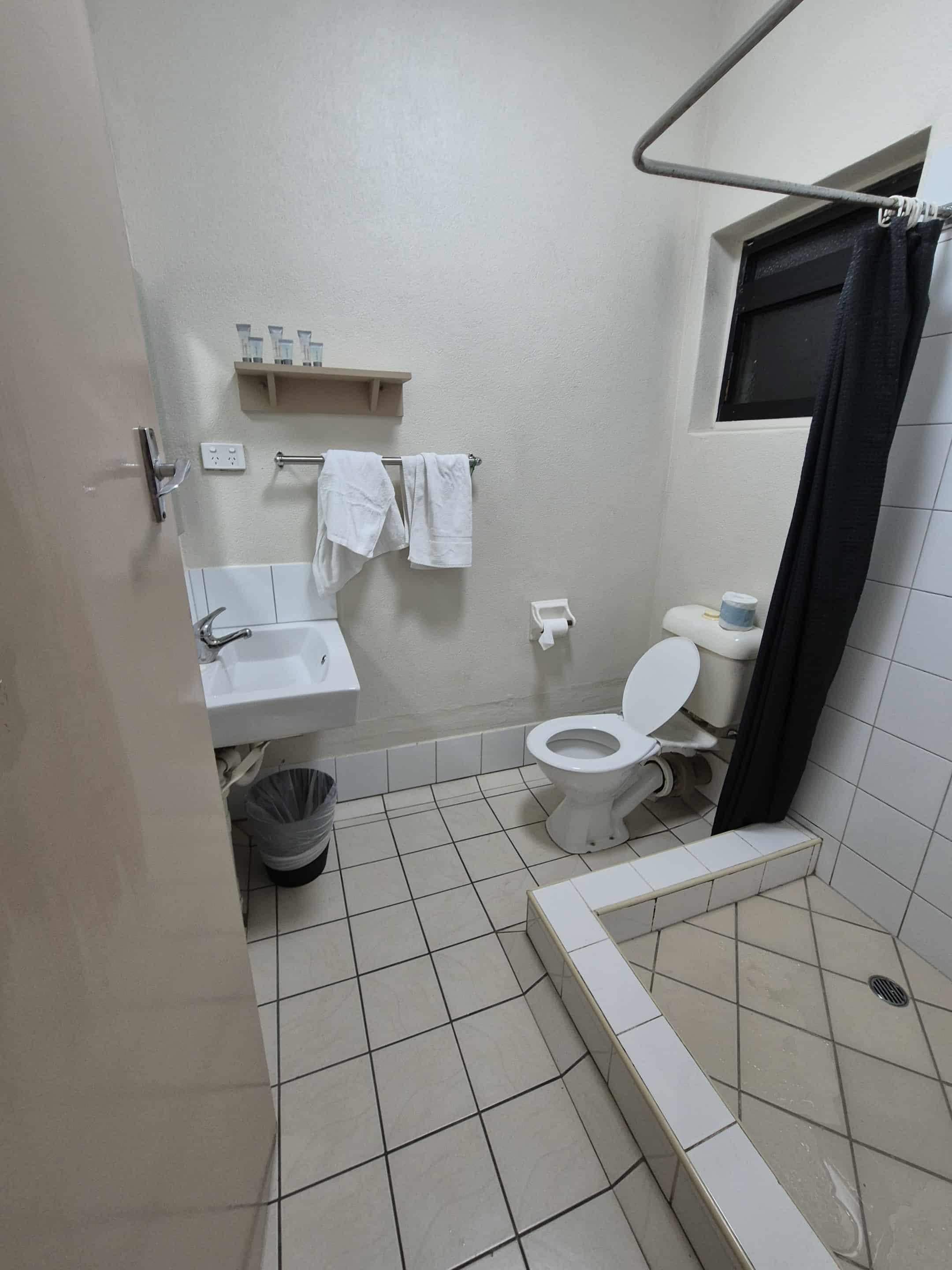 Actual bathroom.  Black mould in shower grout and behind toilet. 
