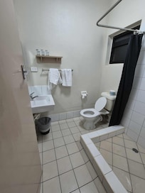 Actual bathroom.  Black mould in shower grout and behind toilet.