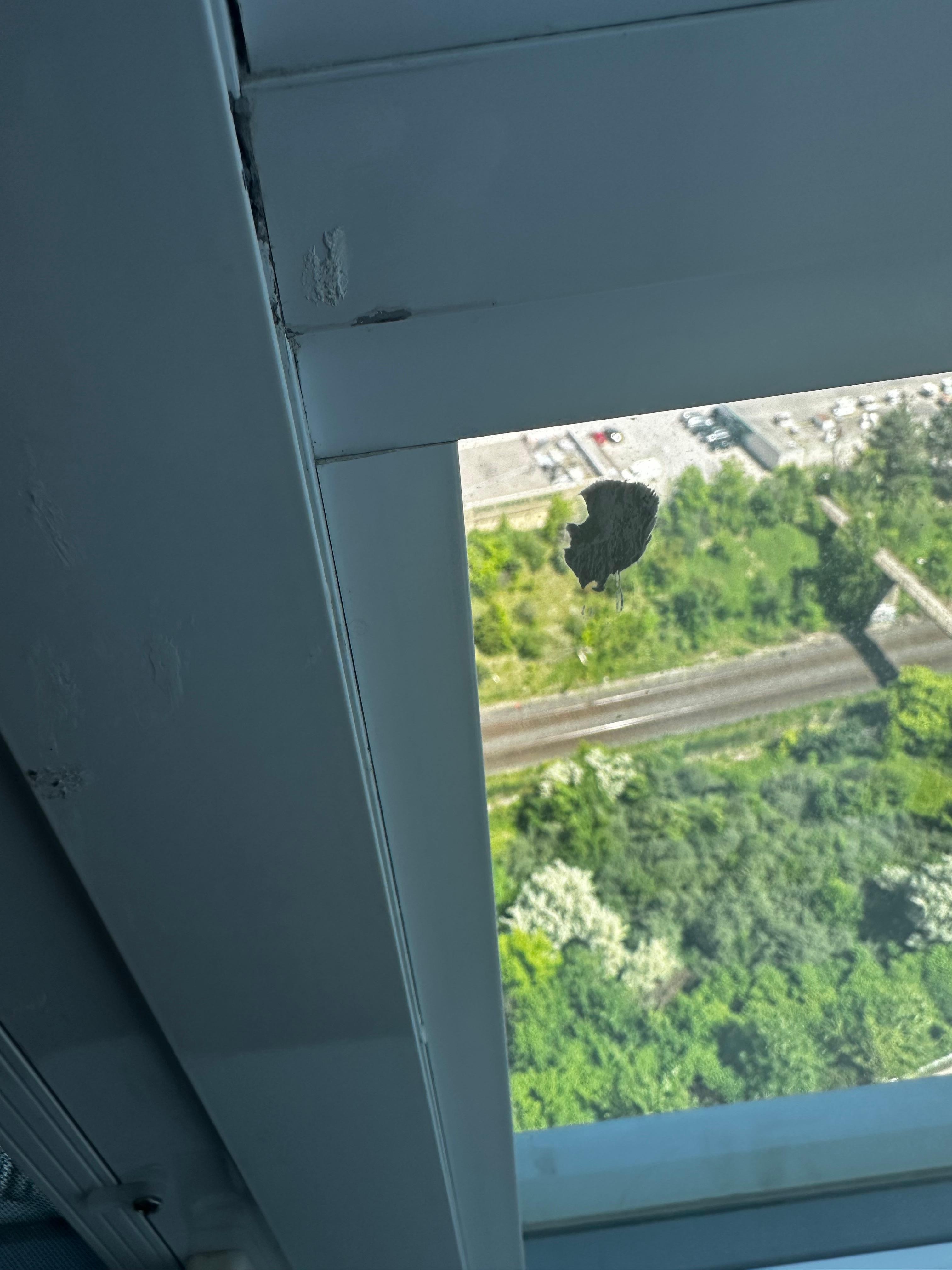 Dirty windows on the inside. Gum and tape stuck to them