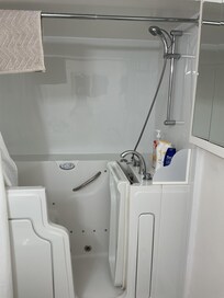 Master shower, which is awkward to use.