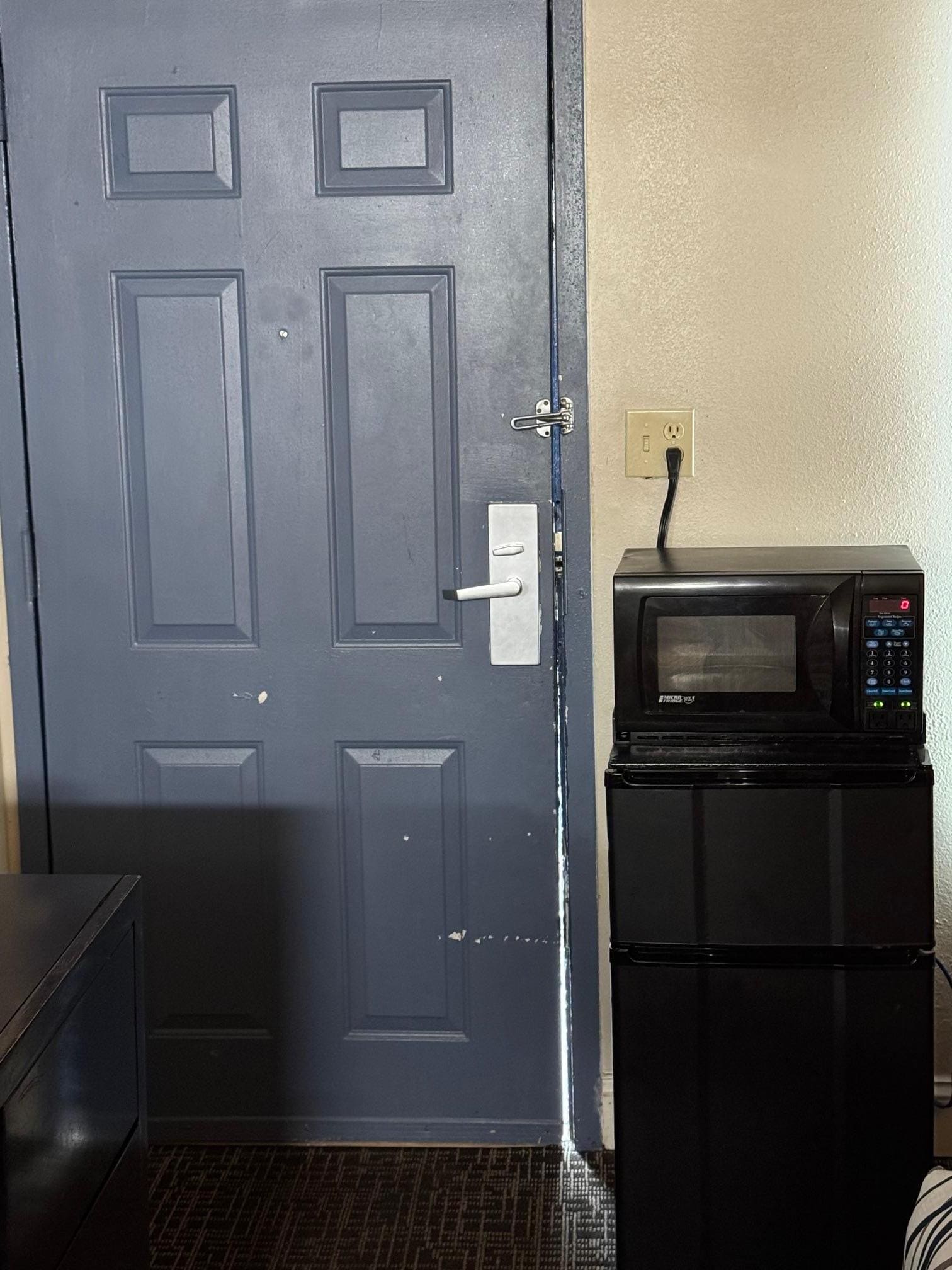 Door did not align with door frame - 3/4" gap at bottom limiting privacy. The door lock seemed about ready to fall apart.