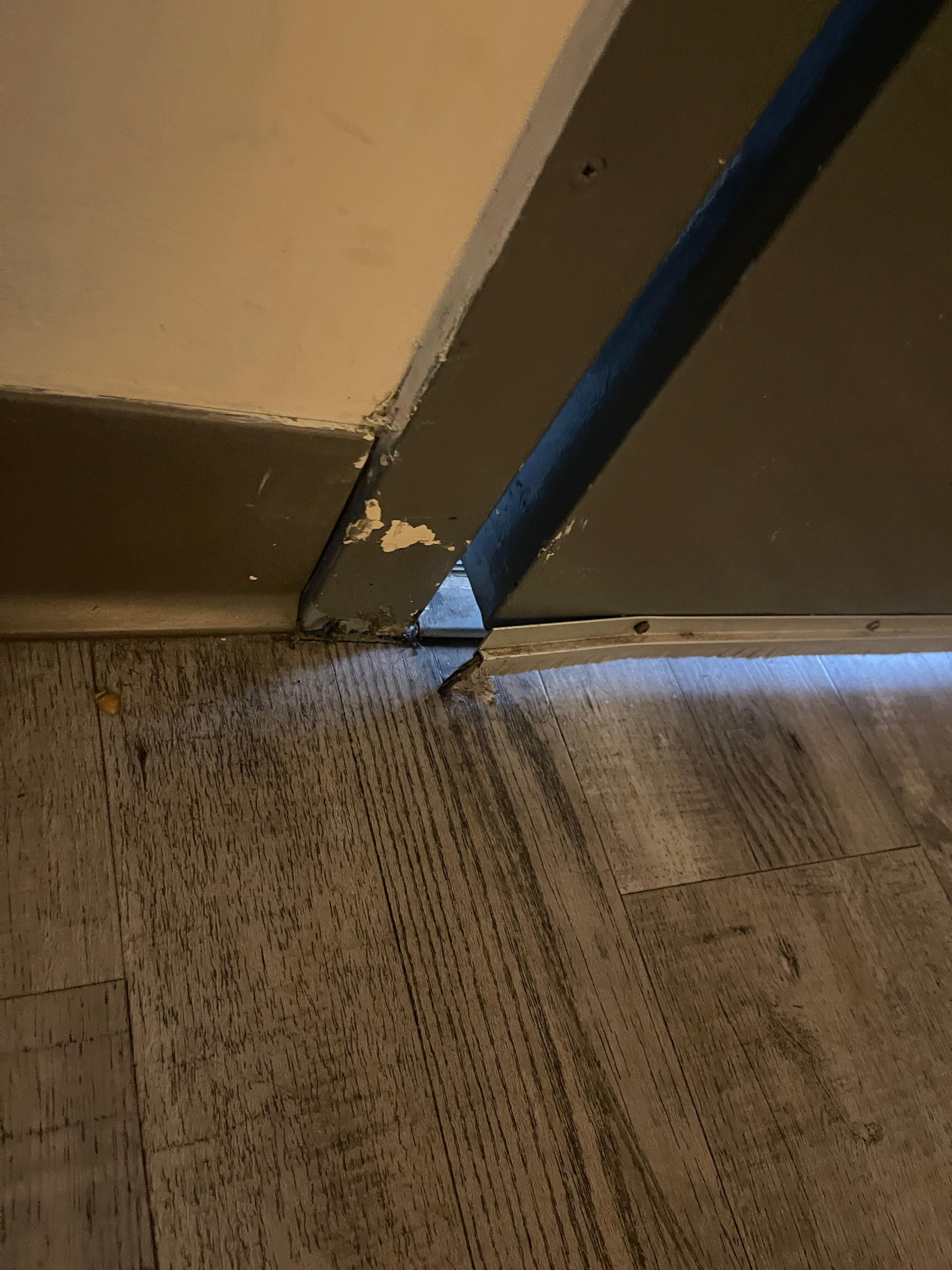 Looks as if door had been kicked in at one point. Door would not lock properly with the dead bolt and would have to push the door shut in order for handle striker to latch properly. The room beside us had the glass broken out of it. 