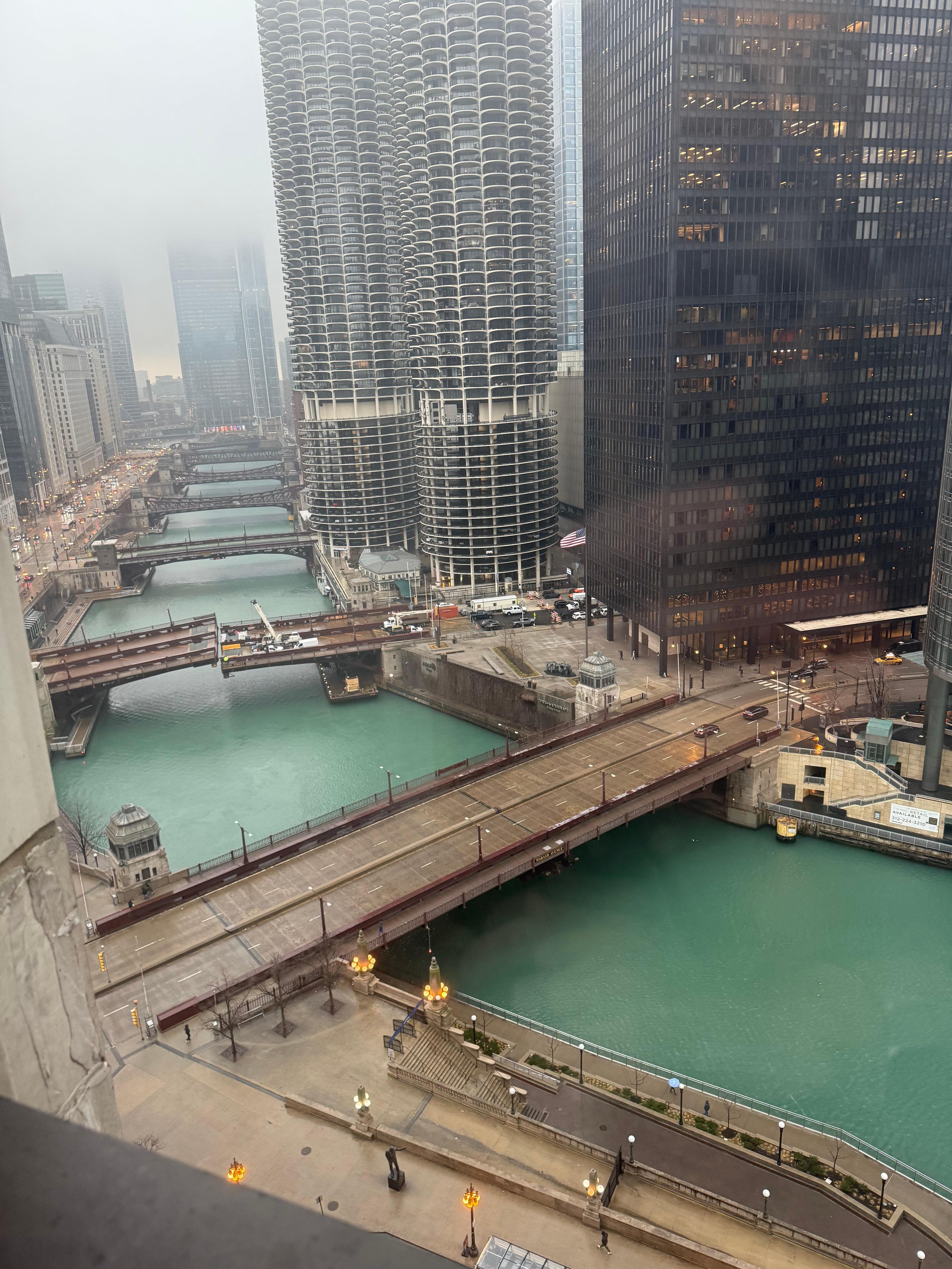 This is what I saw outside my window. It’s such a beautiful site. The river is dyed Green for St. Patrick’s Day. 😊