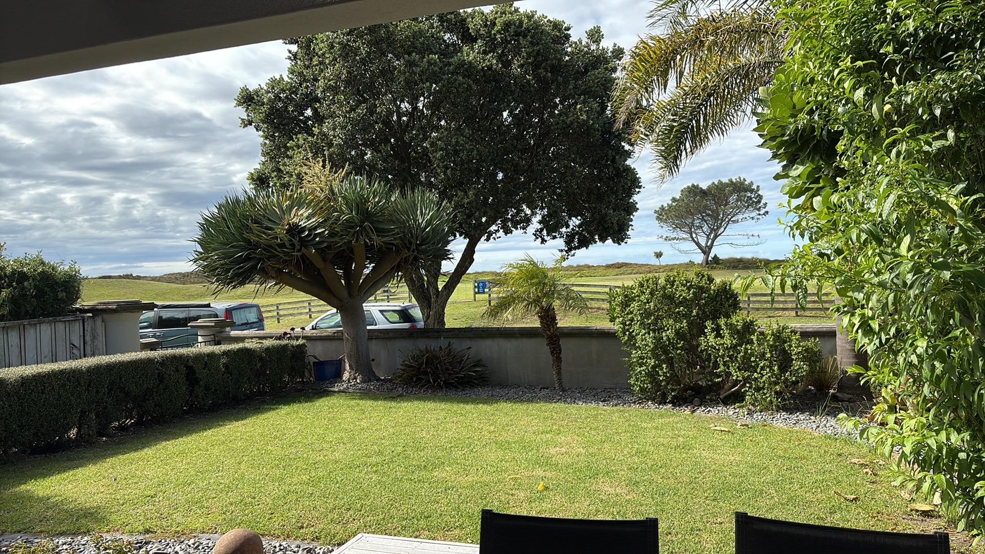 Front yard, deck, dunes past the road. 