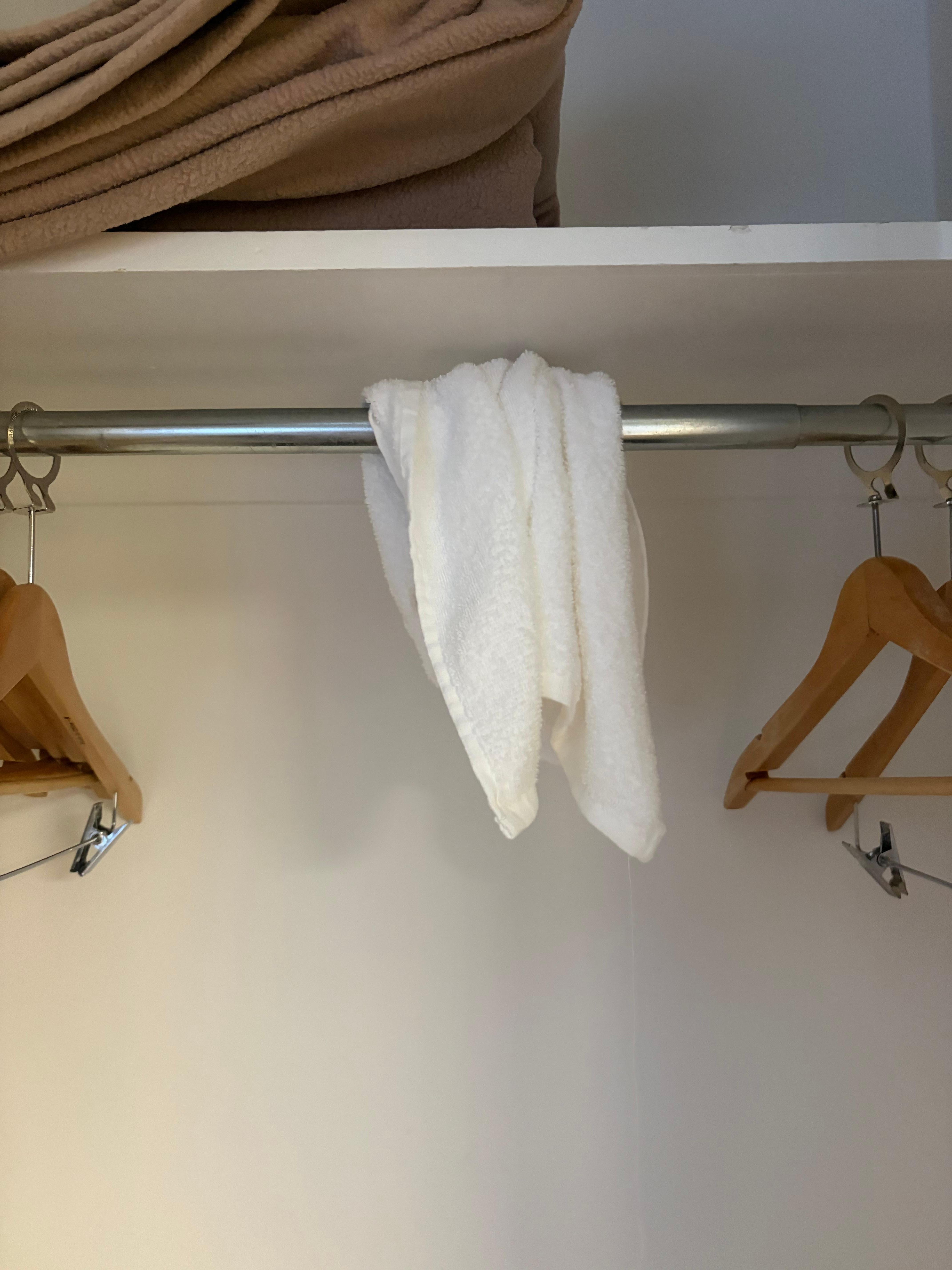 Open closet to get extra pillow and see this dirty towel hanging 