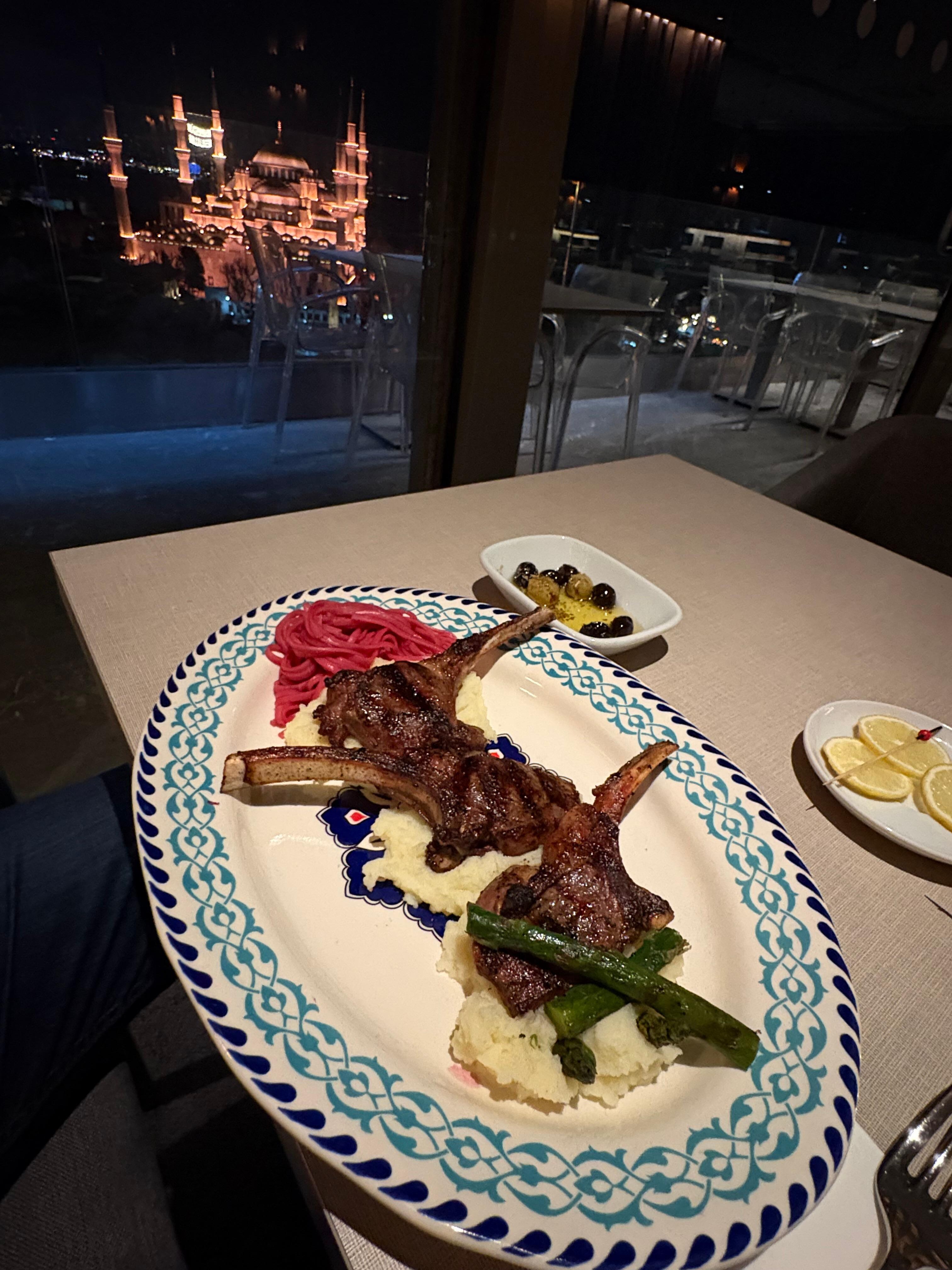 Wonderful lamb chops with Blue Mosque in the distance.