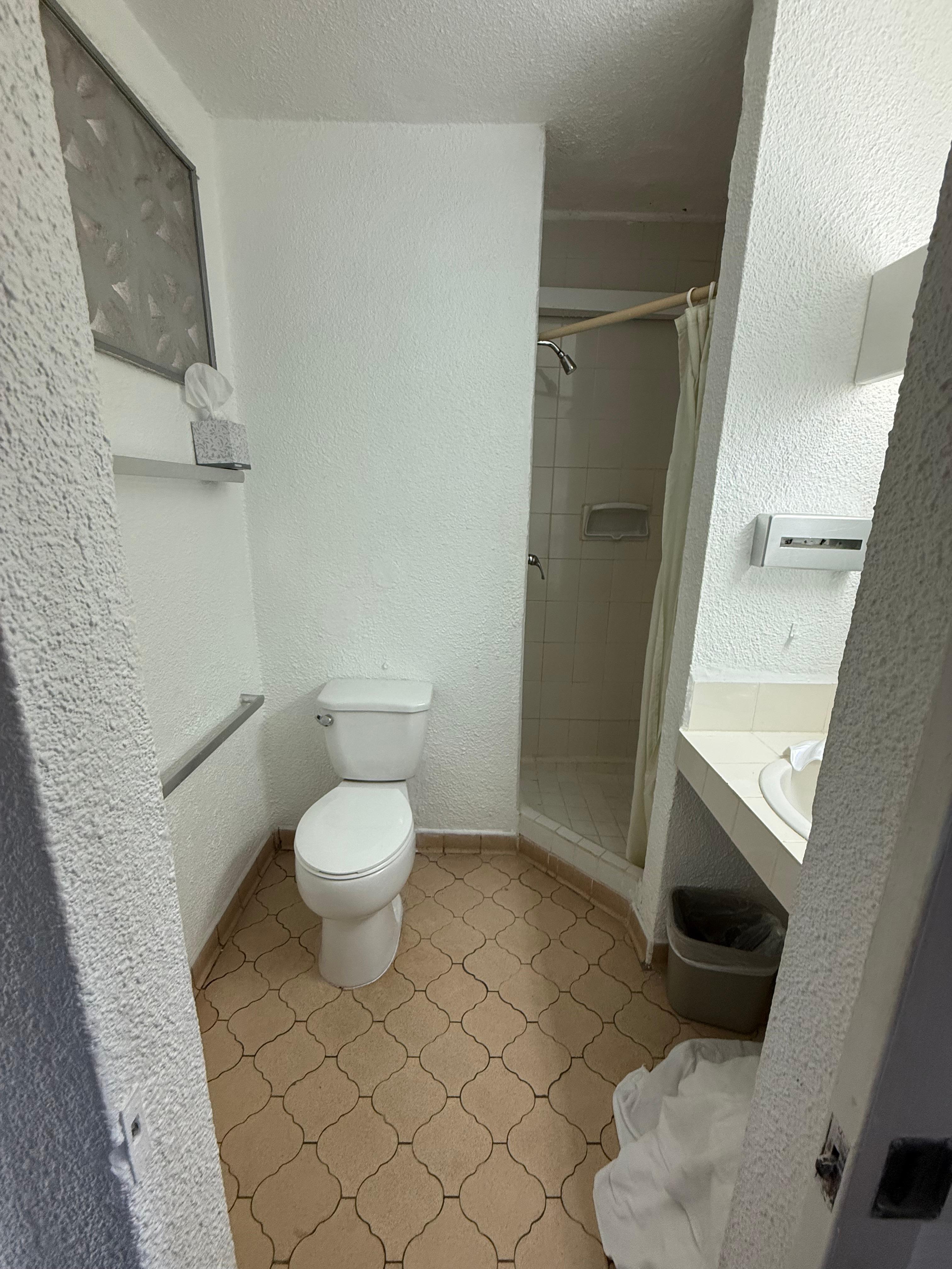 Bathroom very small, especially the shower and it had mold on the ceiling and floor.  No shelves to put your things. 