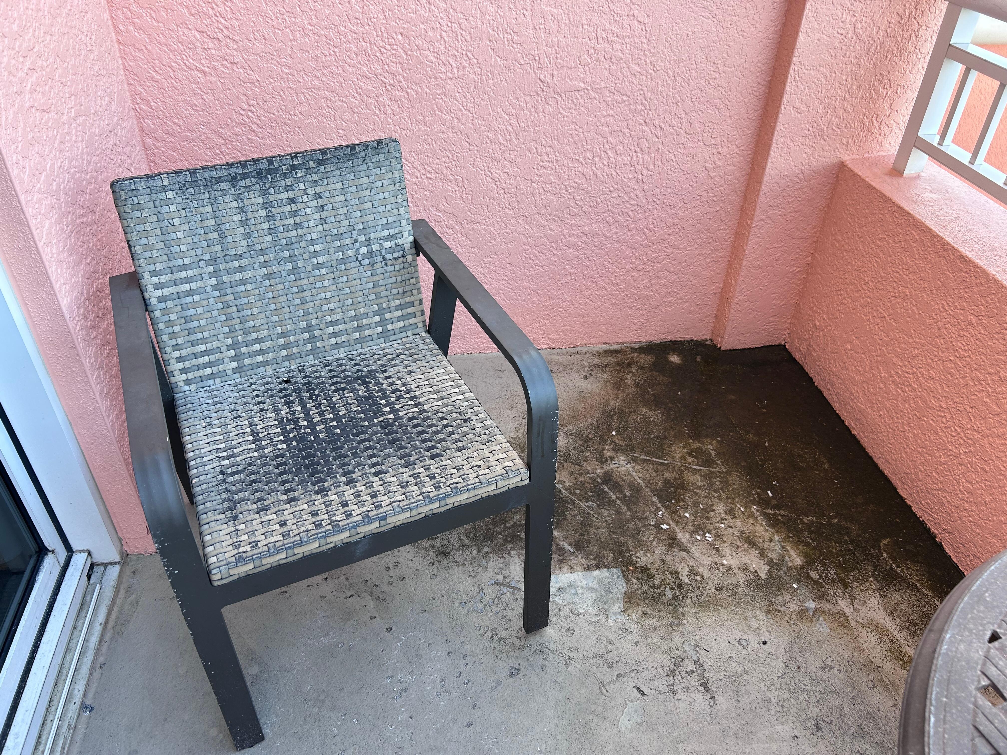 Patio needs a power wash. Chairs were dry rotted and had cigarette burns. View overlooks a huge parking garage where the police patrol every night and we witnessed arrests right beside our balcony!!