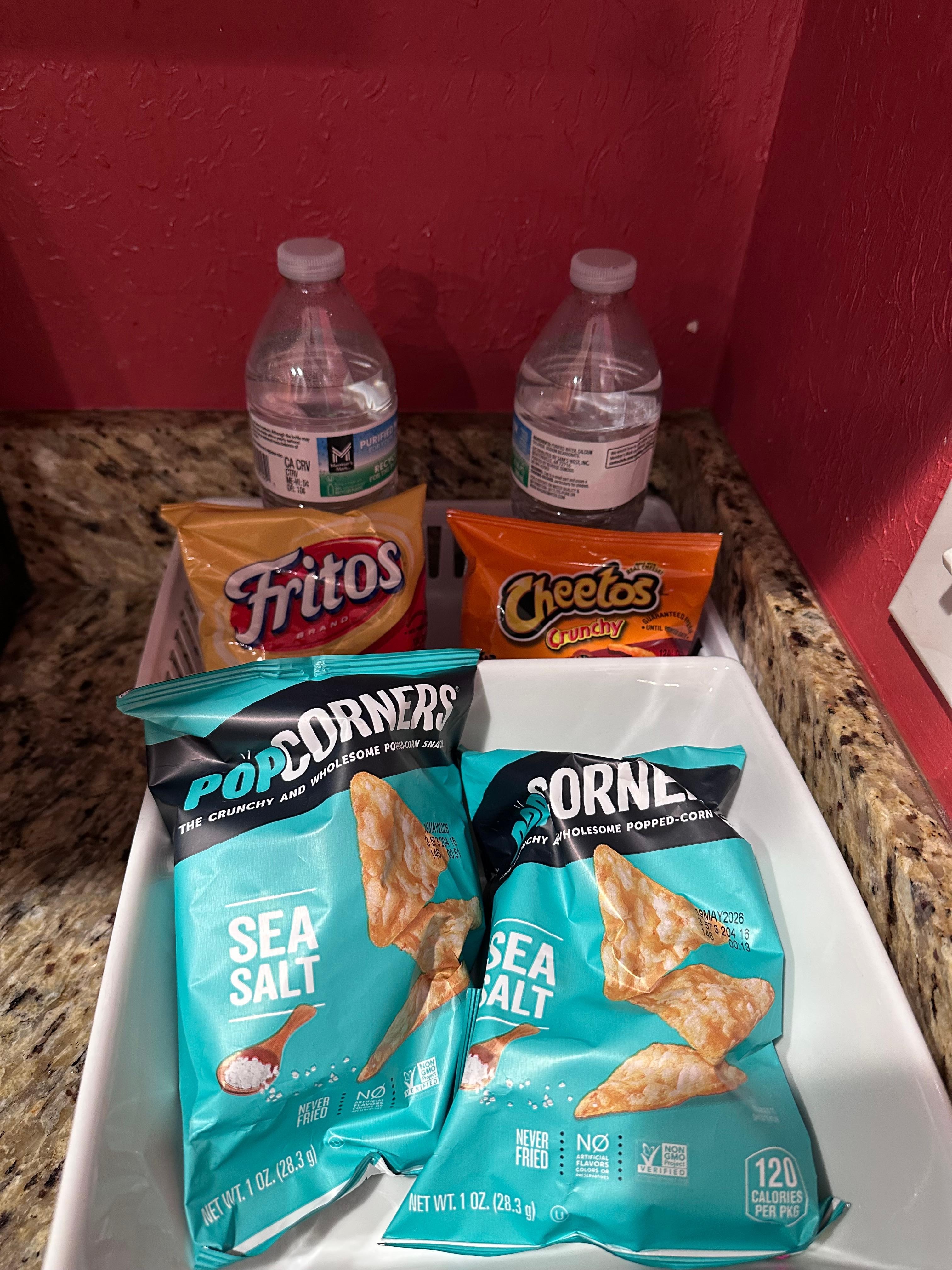 Welcome snacks and water in the kitchen.  