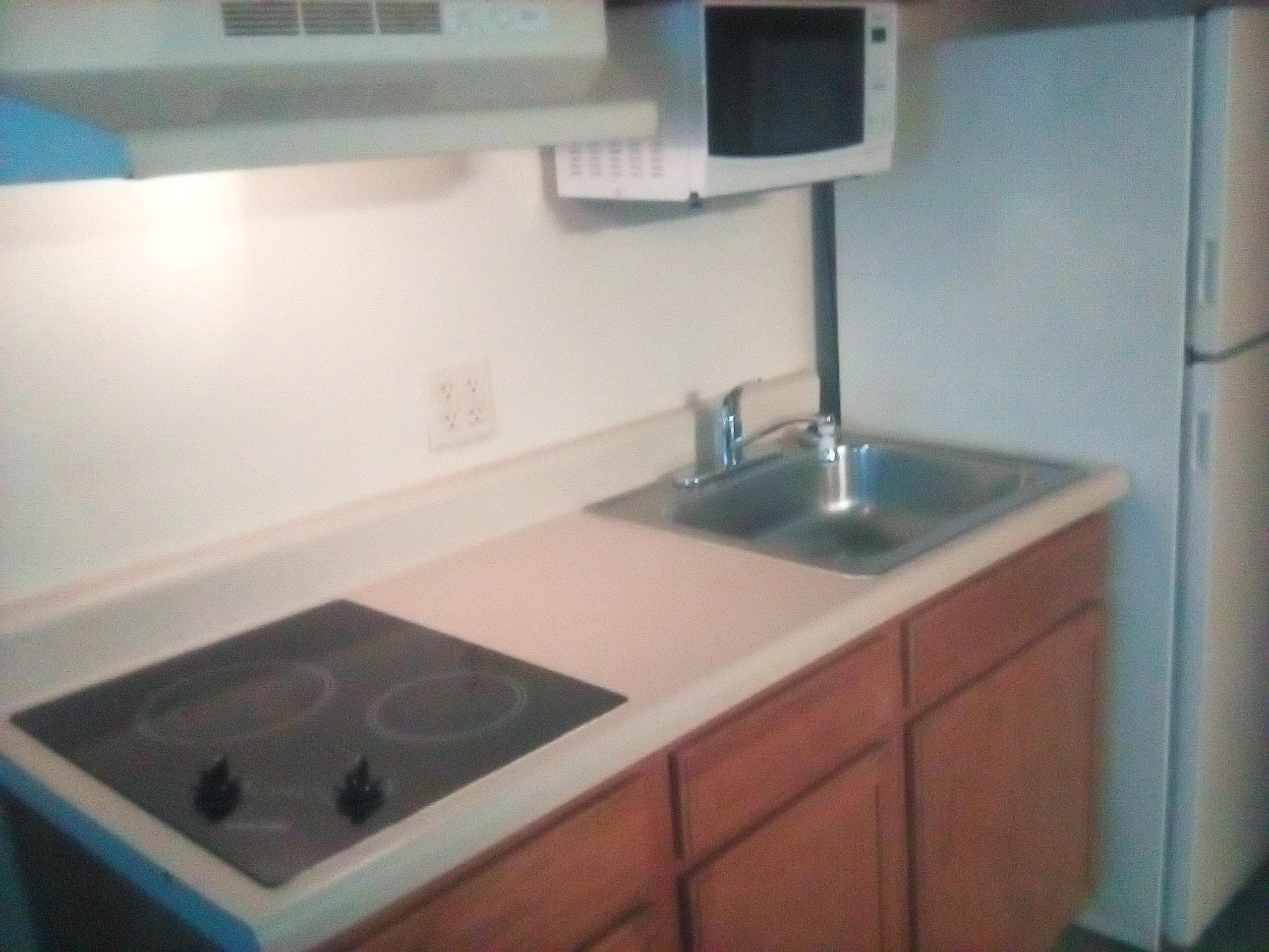 Stove top,sink,and full size refrigerator.