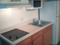 Stove top,sink,and full size refrigerator.