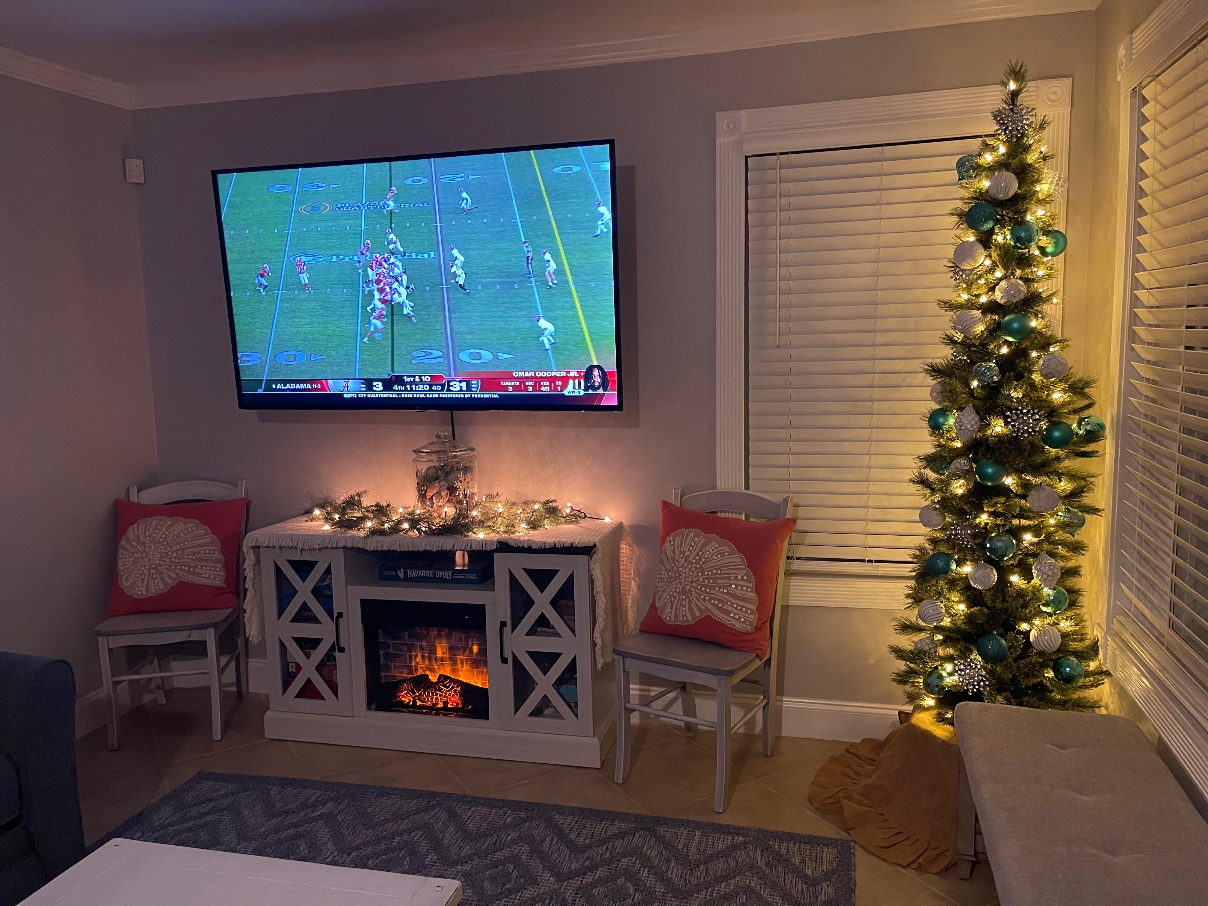 Tree, fireplace, and the game 