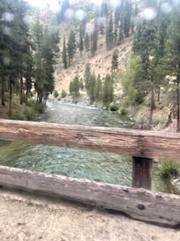 Crossing snake river on dirt road to the cabin off ID 21