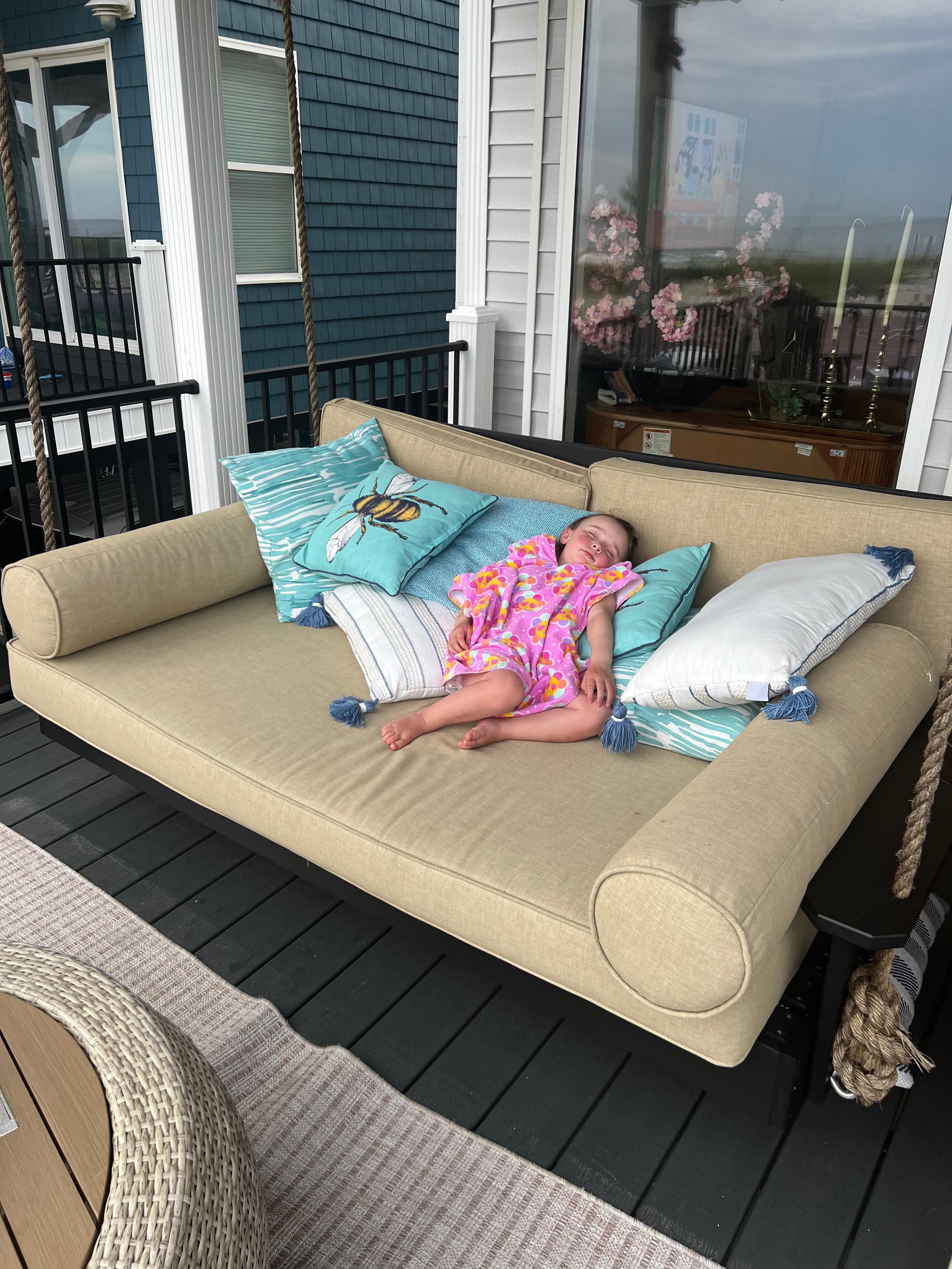 Huge swing bed on the back porch. 