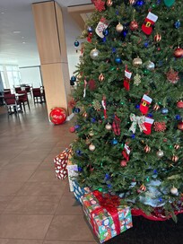 Holiday decor in lobby. Helps make a home away from home.