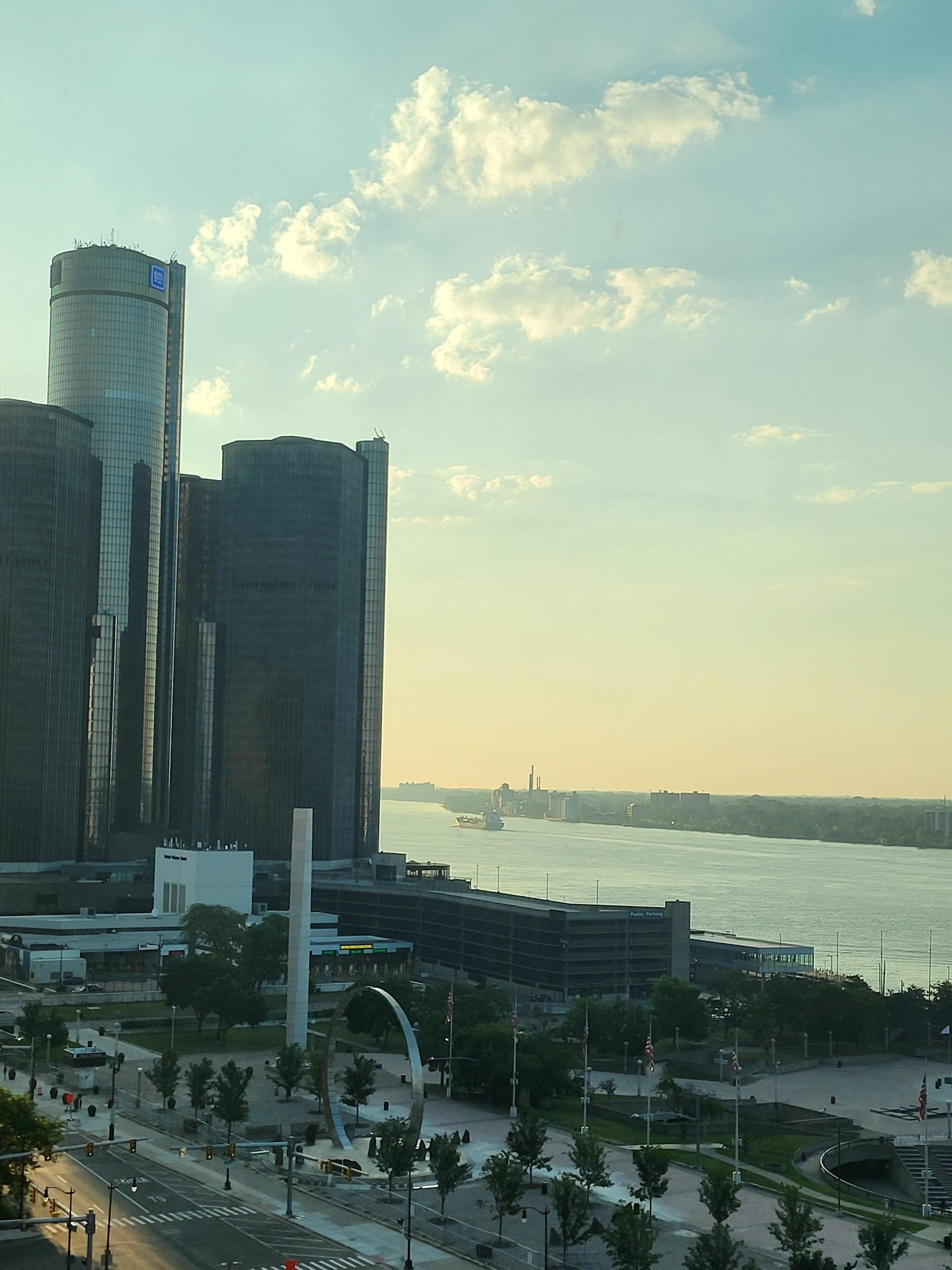View from the room of the Ren Cen and the river.