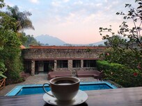 View of the Virunga Mountains from the upstairs restaurant.