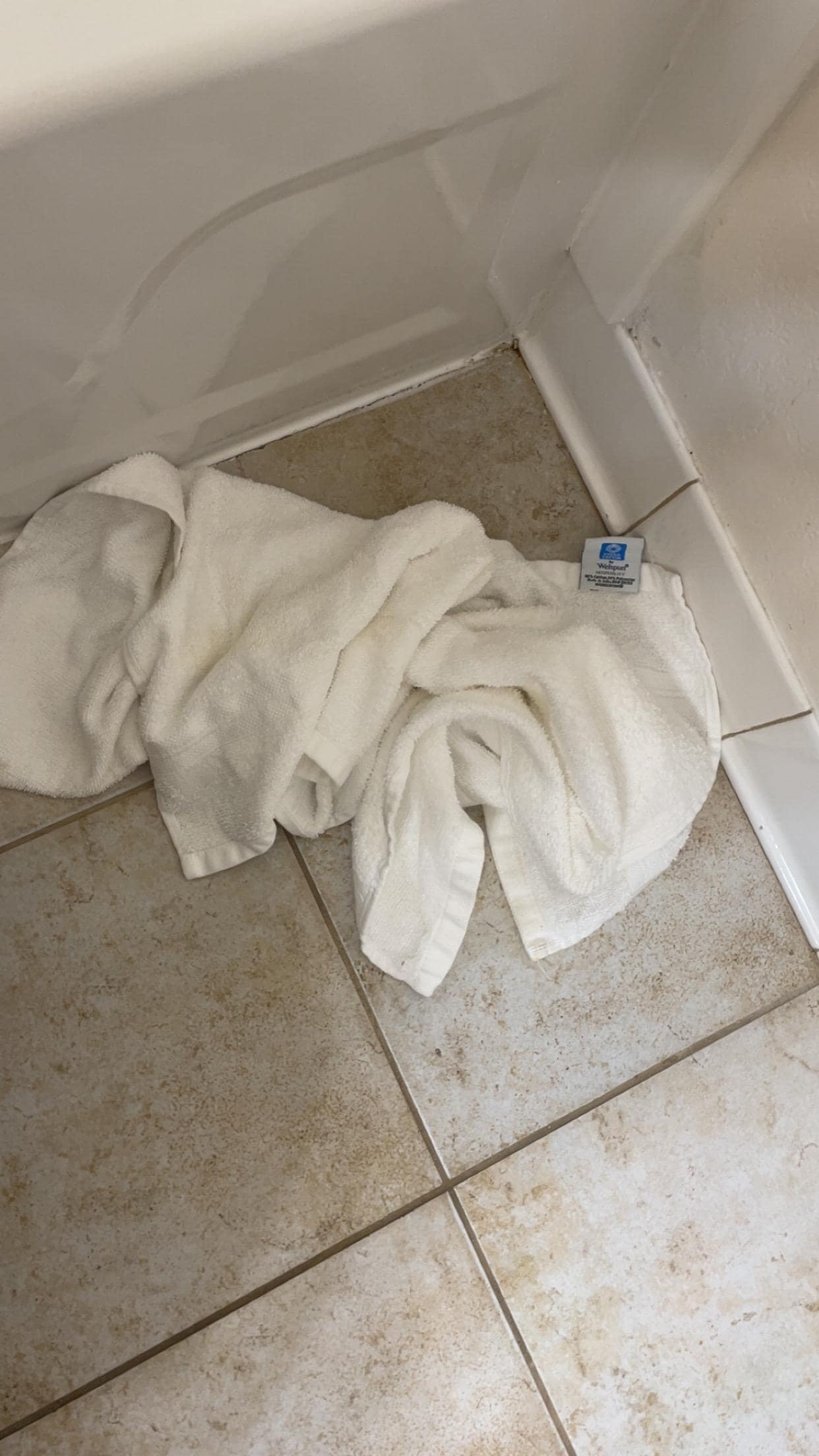 Used dirty towel on bathroom floor 