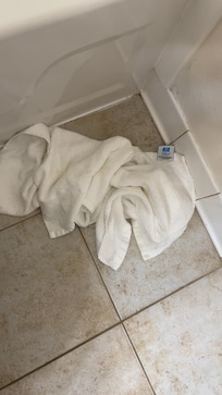 Used dirty towel on bathroom floor