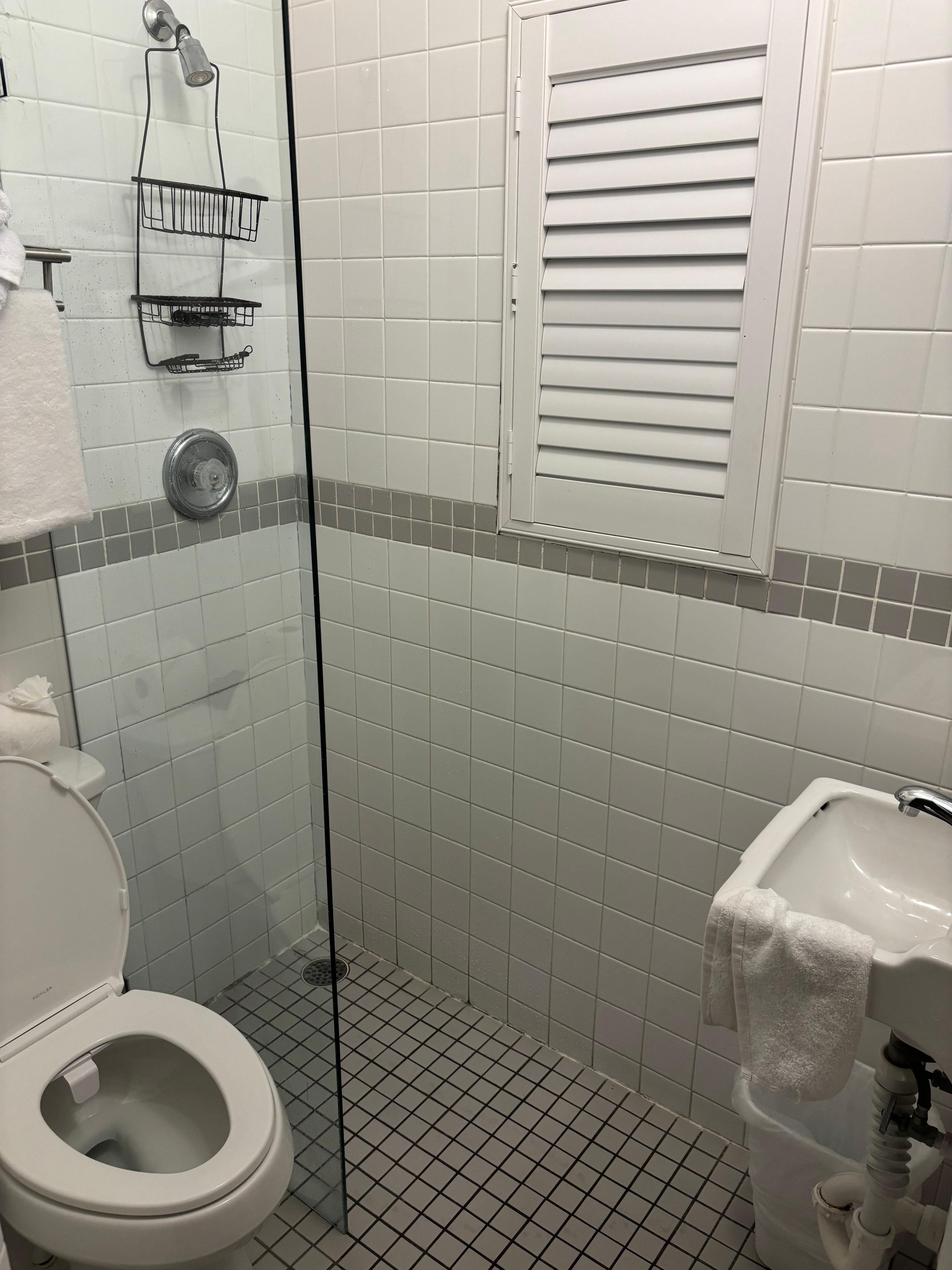 To shower, one needs to reach around this partial plastic(?) barrier and adjust the shower without getting soaked with cold water which floods the floor right up to the sink.