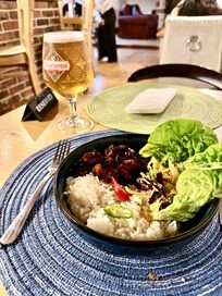 Korean barbecue pork belly rice bowl. Really tasty.