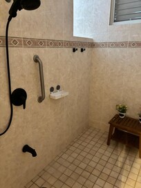 King Bed bathroom with an awesome shower area.