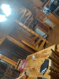 Love the steps to upstairs, definitely gives it an awsome feel to the cabin!