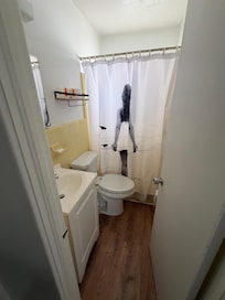 Tiny bathroom with two thin bath towels.