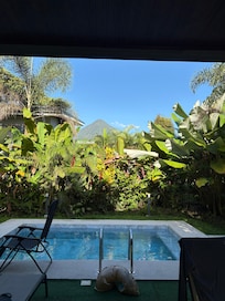 View from the front porch! We sat and watched the clouds form and move away from the volcano during breakfast.