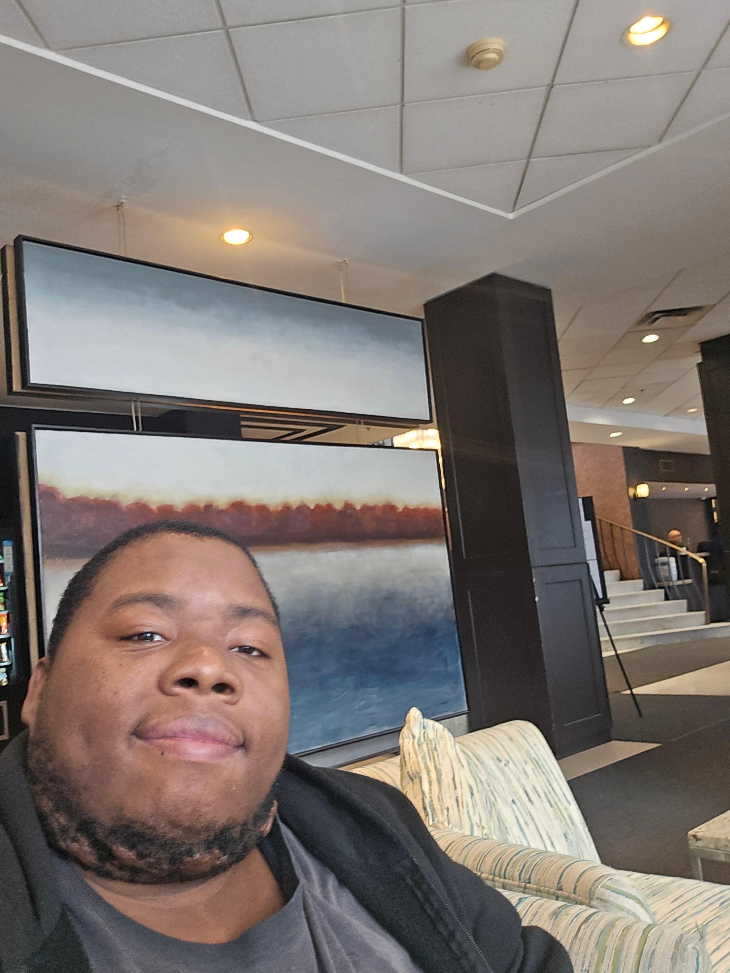 Me hanging out in the lobby after checkout