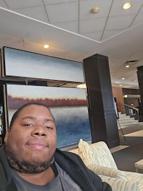 Me hanging out in the lobby after checkout