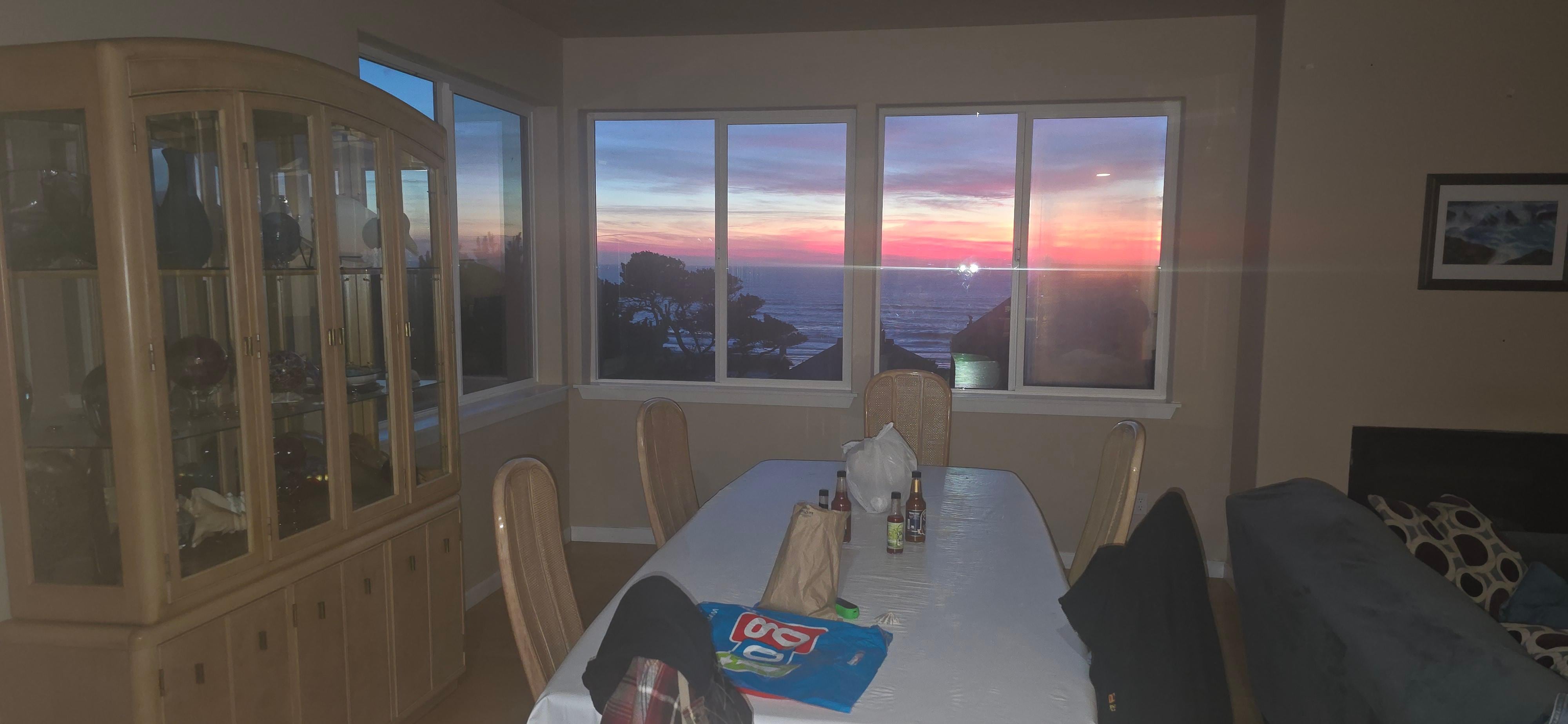 View from the kitchen windows at the ocean. 