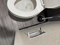 Dead insects on floor; trash in toilet