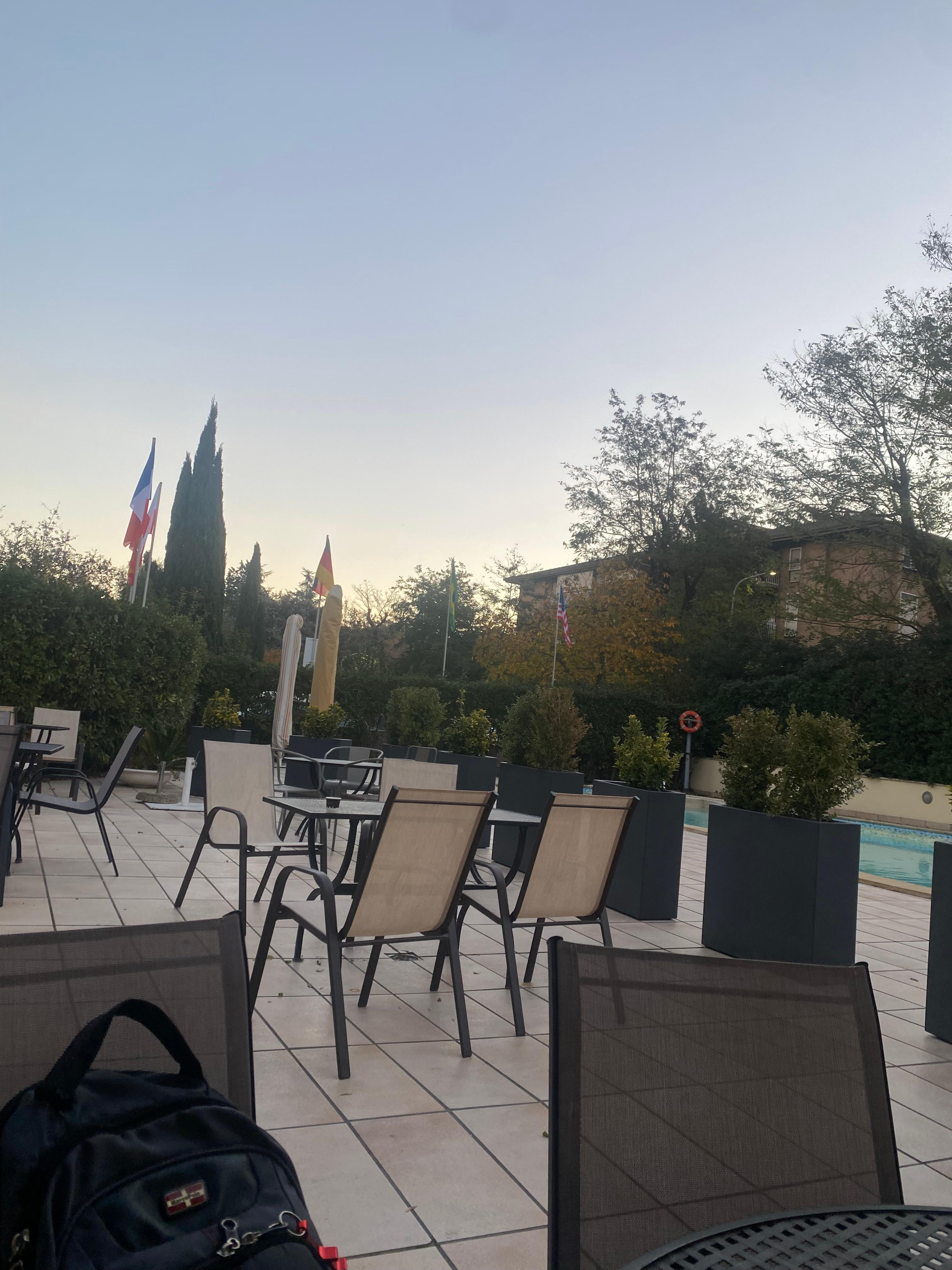 The beautiful coffee zone outside the entrance of the hotel