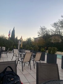 The beautiful coffee zone outside the entrance of the hotel