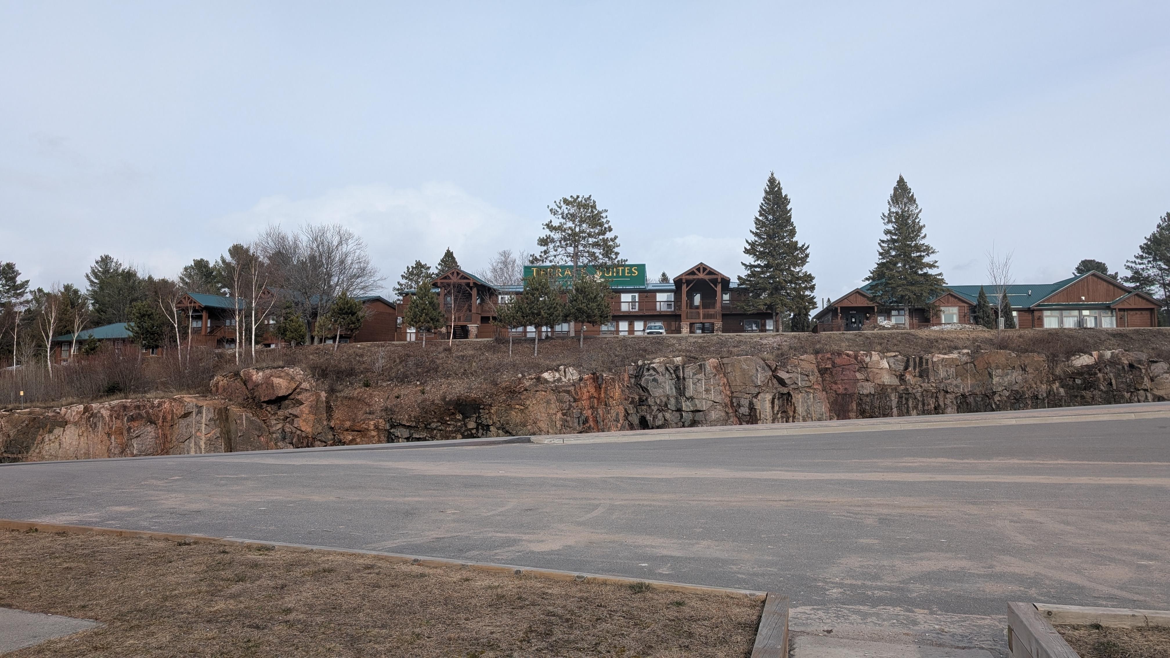 View of hotel from overlook across the road.