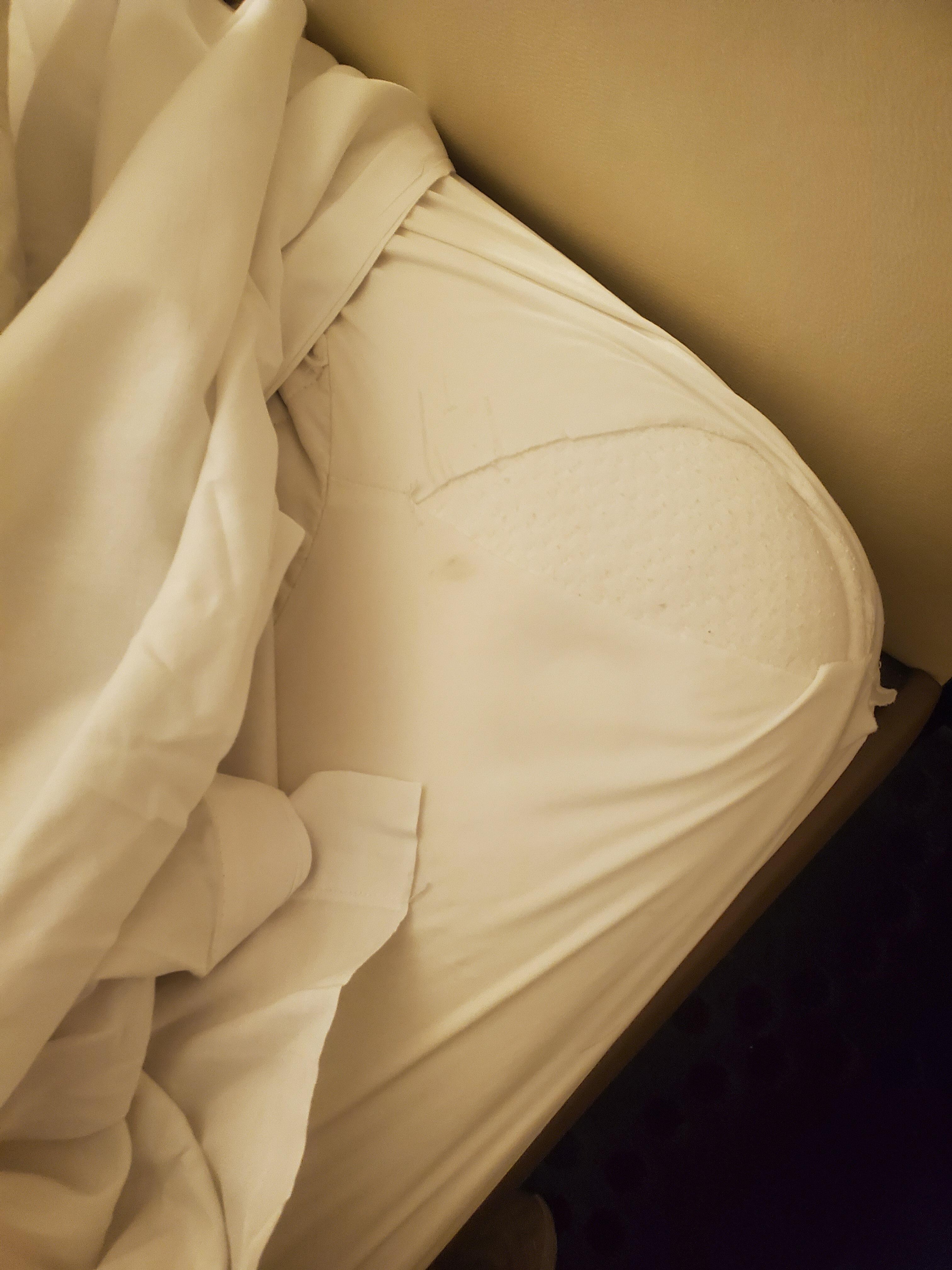 This was how I walked into the room to find one of the beds. Unmade and ripped, along with several holes in the sheets. 