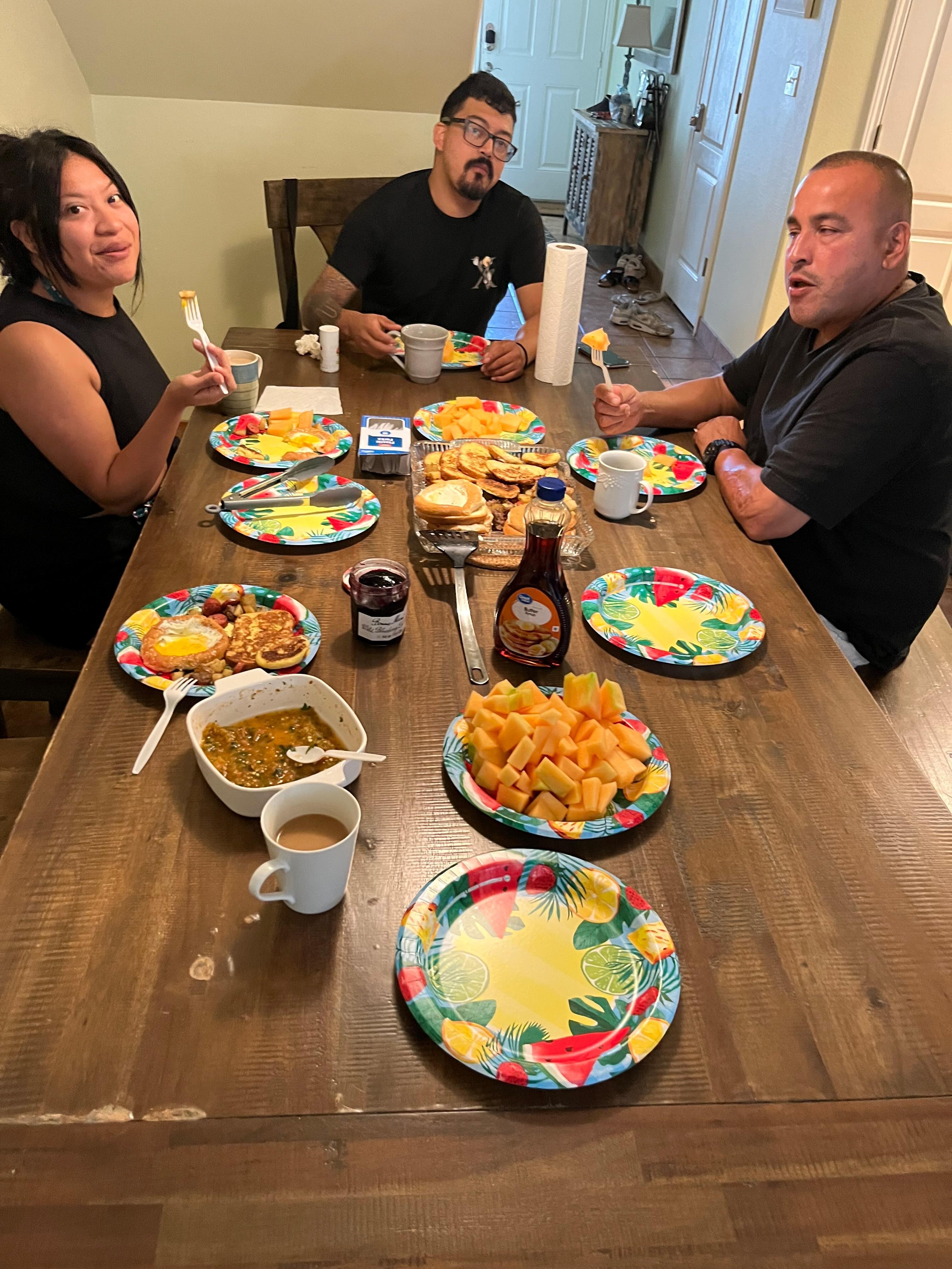 Breakfast while we wait for our adult kids to finish preparing the remaining breakfast items.