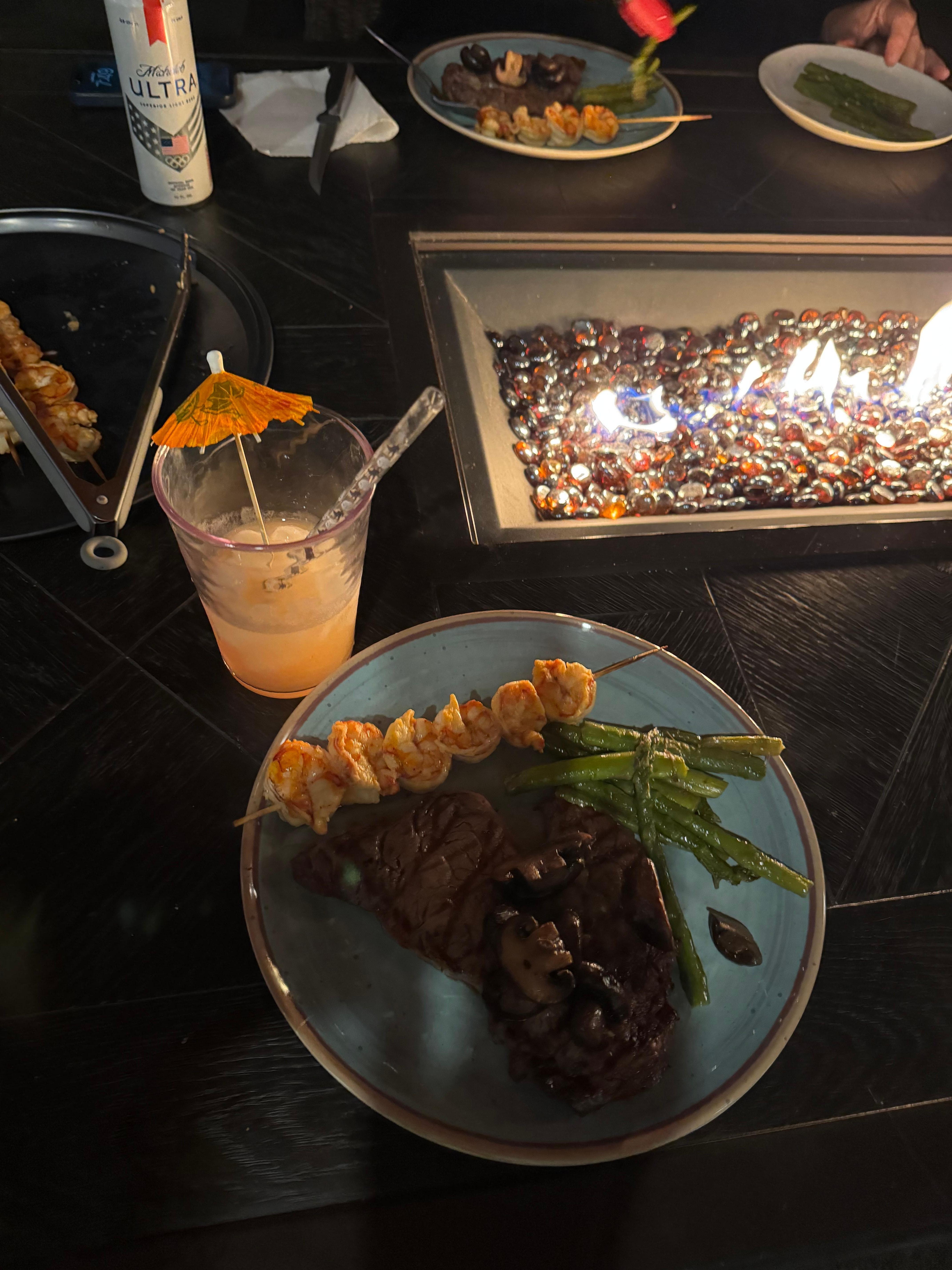 Fresh Royal Red Shrimp from Cape Coral farmers market along with a steak that we grilled and enjoyed eating outdoors by the pool.