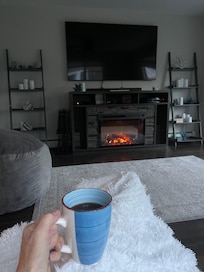 A cozy morning in December having coffee by the fire!
